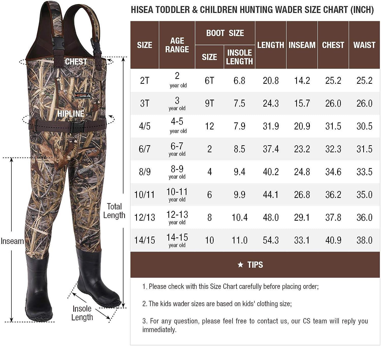 HISEA Kids Chest Waders for Toddler & Children Neoprene Youth Duck Hunting  Waders for Kids Boys Girls with Insulated Boots 10/11 Big Kid Next Camo  Evo(s) - Brown
