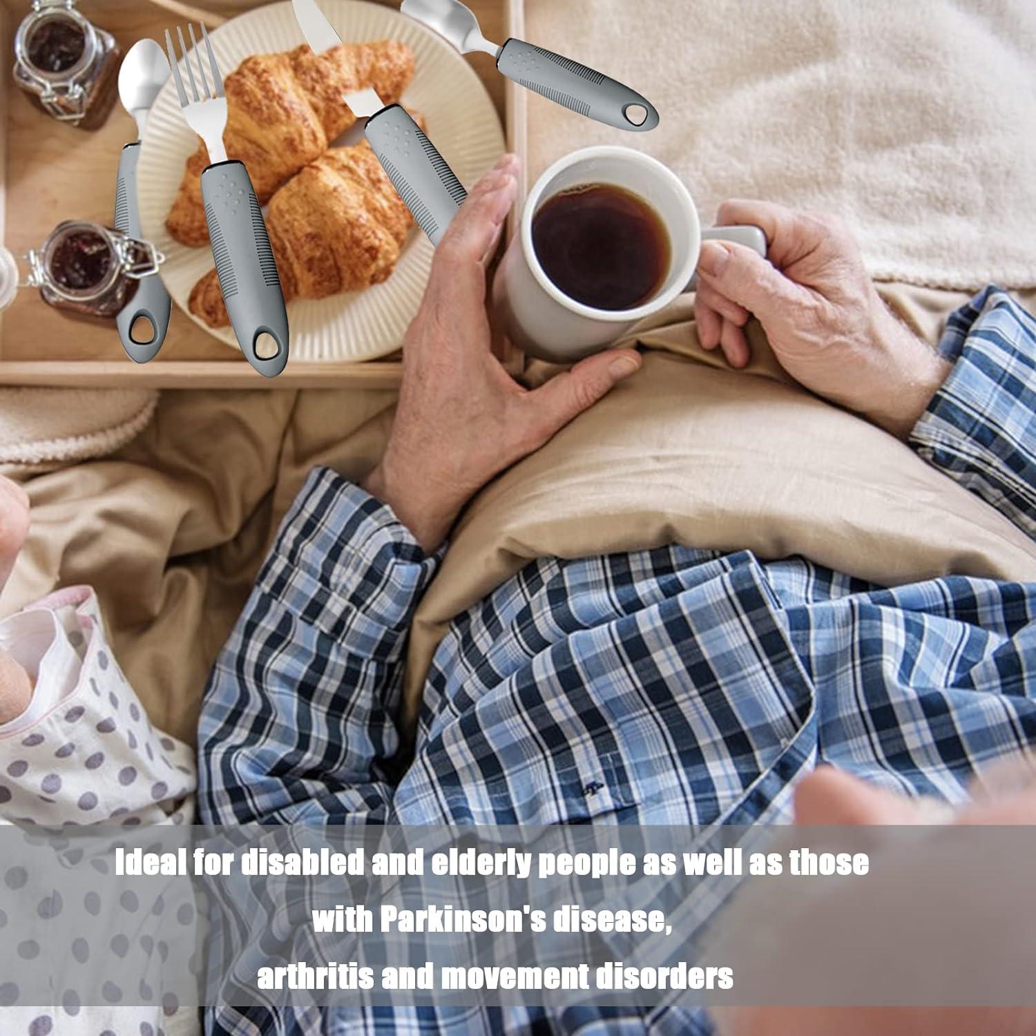 Jetisva Easy Grip Cutlery Set of 4 Gray Disability Aids with Knife Fork Spoon Large Wide Handled