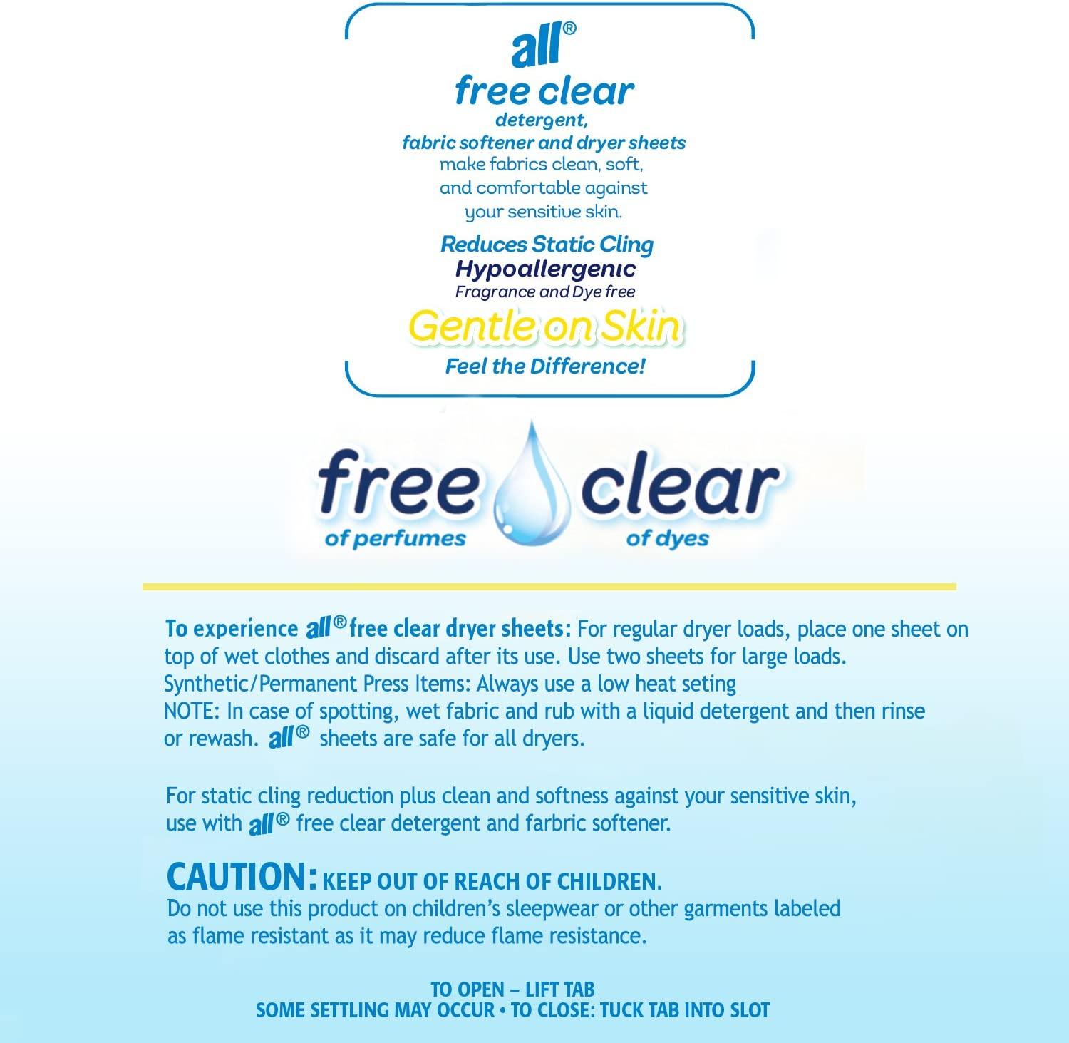 All Fabric Softener Dryer Sheets for Sensitive Skin, Free Clear, 120 Count