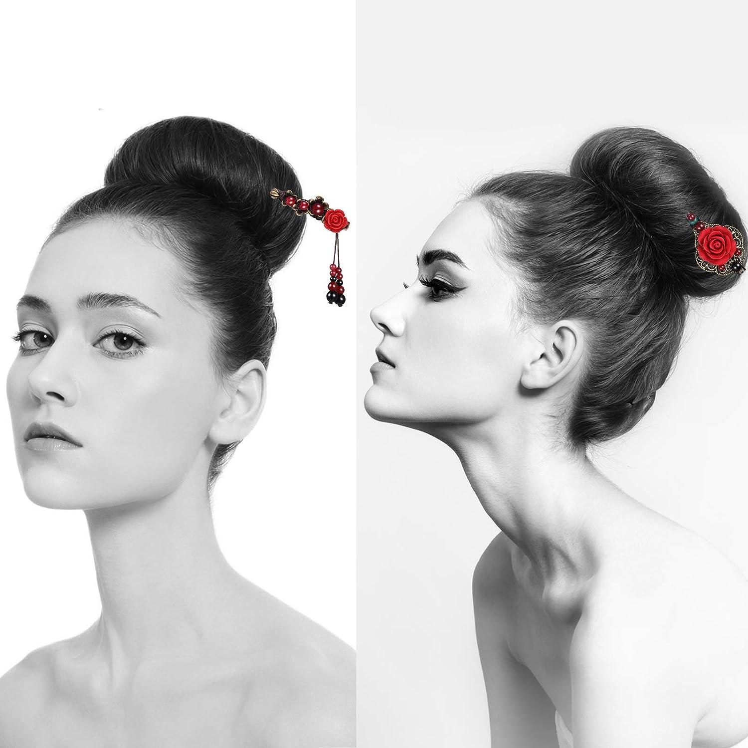 Yaazi 3 Pieces Japanese Chinese Hair Stick Retro Wooden Hairpin Flower