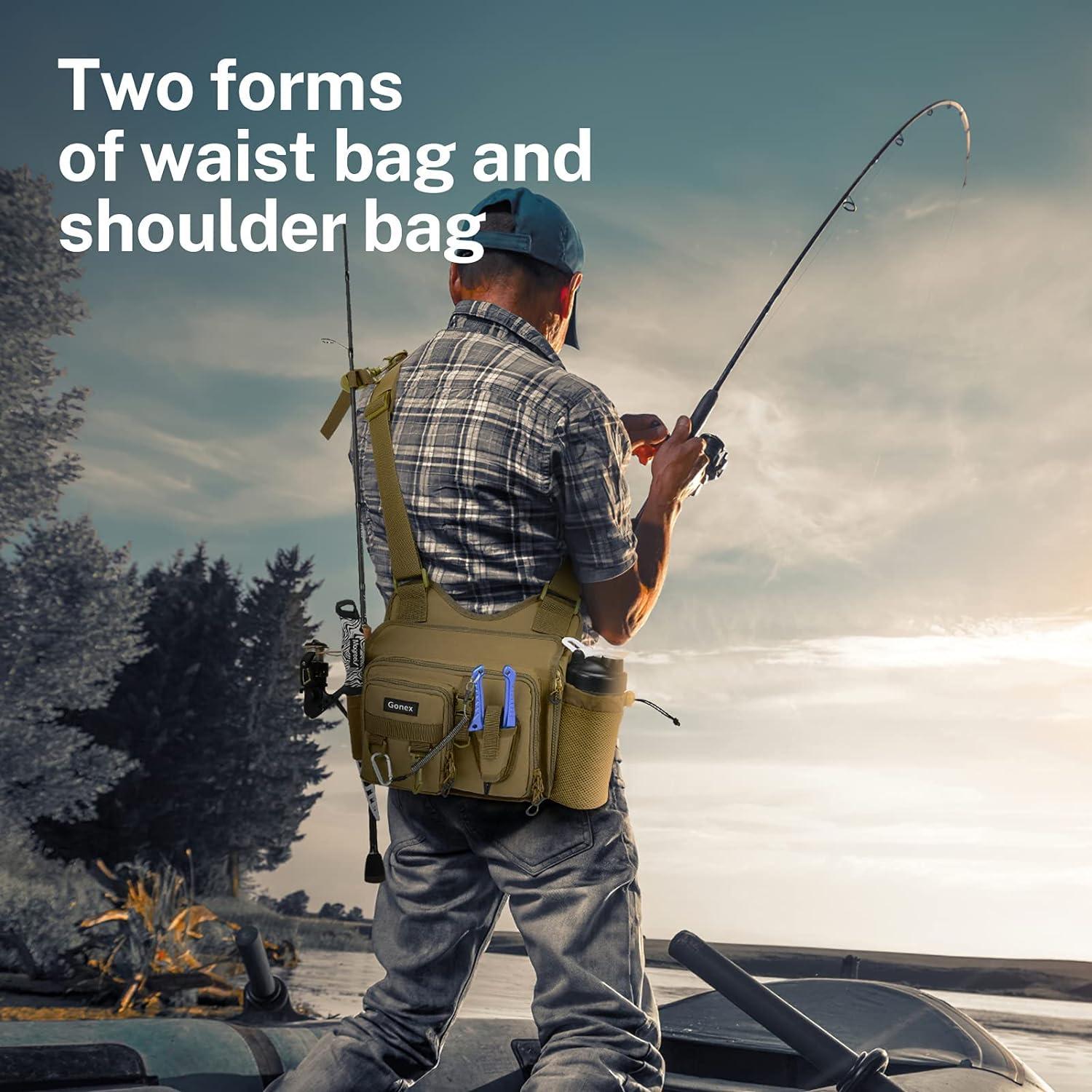 Gonex Fishing Tackle Backpack Storage Sling Bag- Fishing Backpack with 3600 Tackle  Box Removable Shoulder Strap Rod Holder for Fly Fishing Hiking Hunting Men  Women Khaki- with 2 tackle box