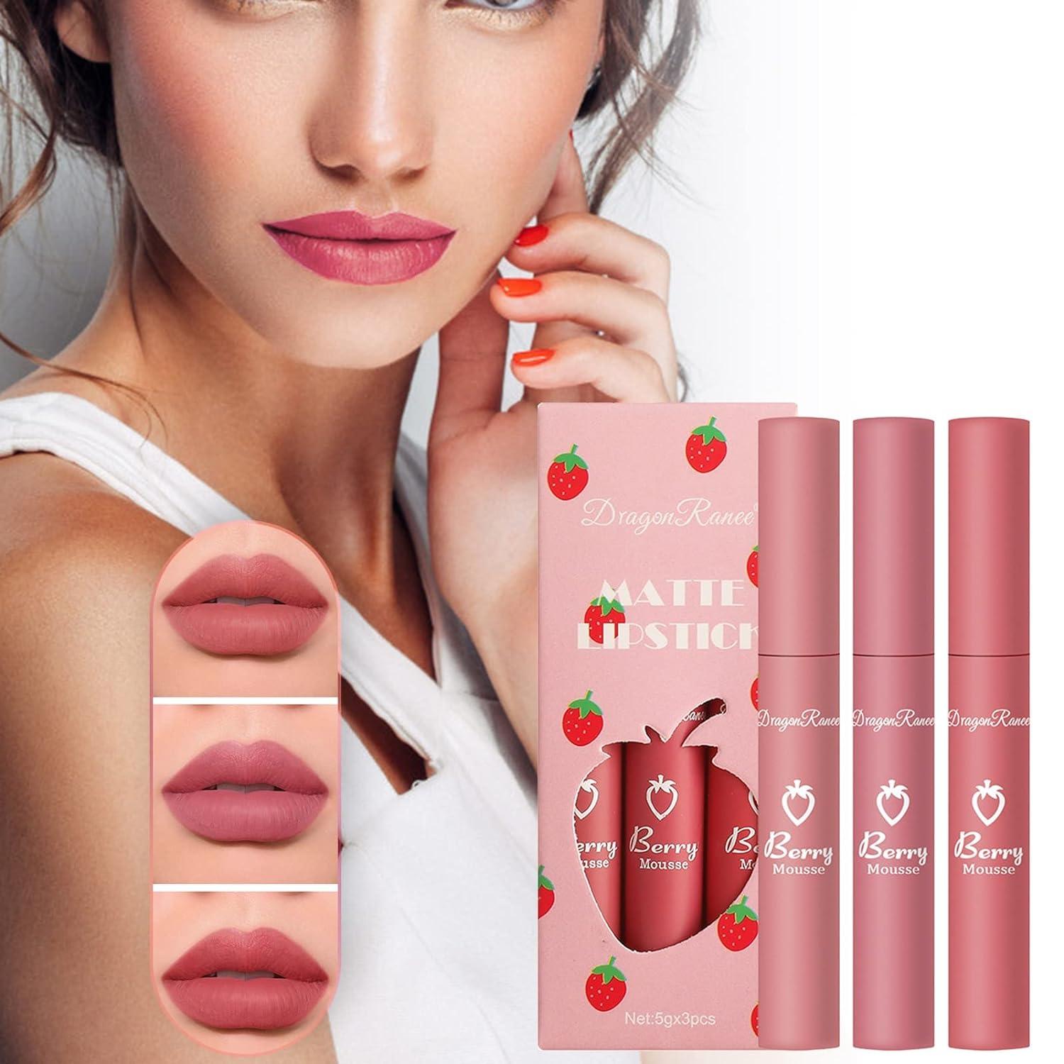 HMDABD Yak Butter Strawberry set lip gloss non-stick cup does not fade  easily, waterproof lip glaze lipstick set box Modifies skin tone, easy to  color