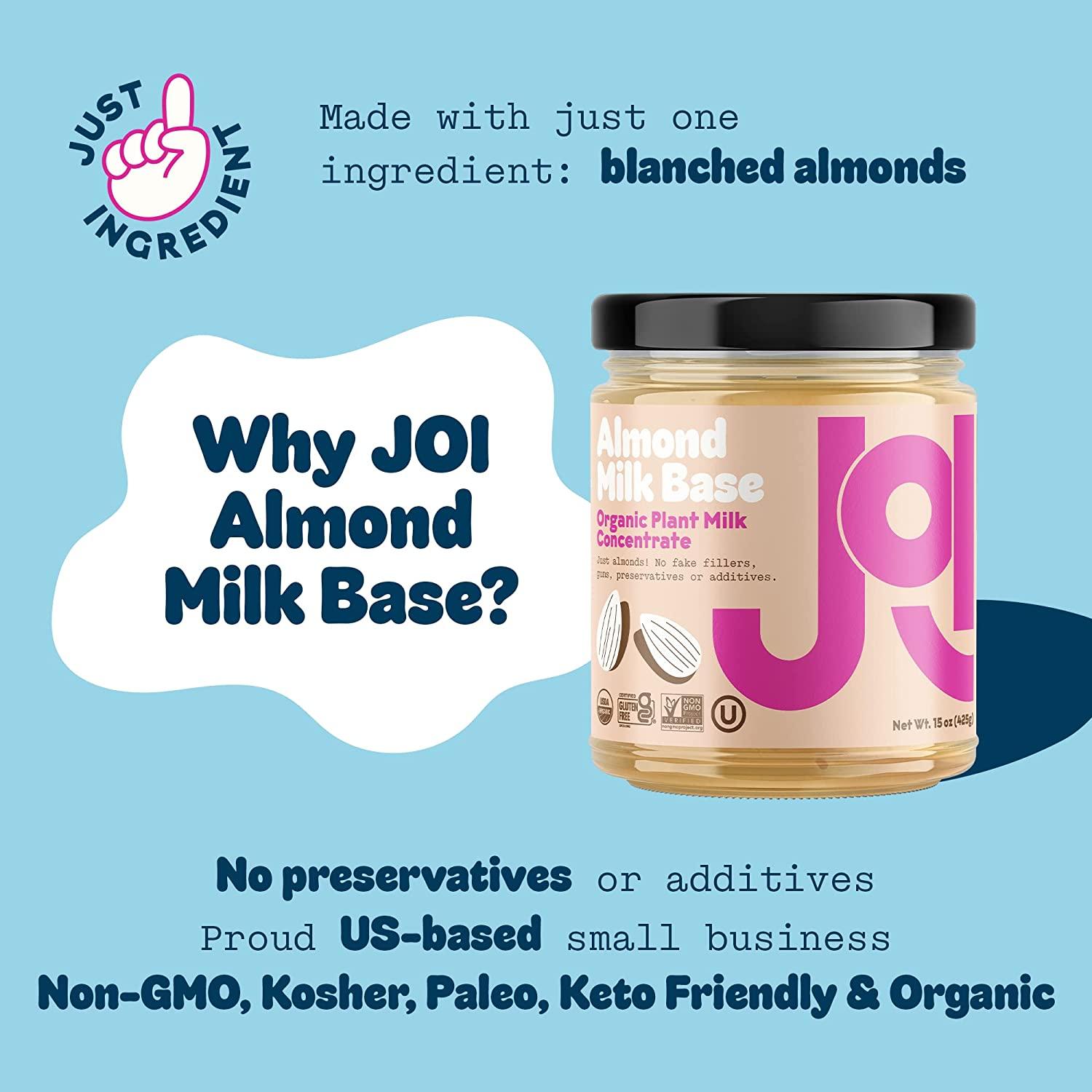Organic Almond Milk Concentrate by JOI 27 Servings Vegan, Kosher, ShelfStable, Keto