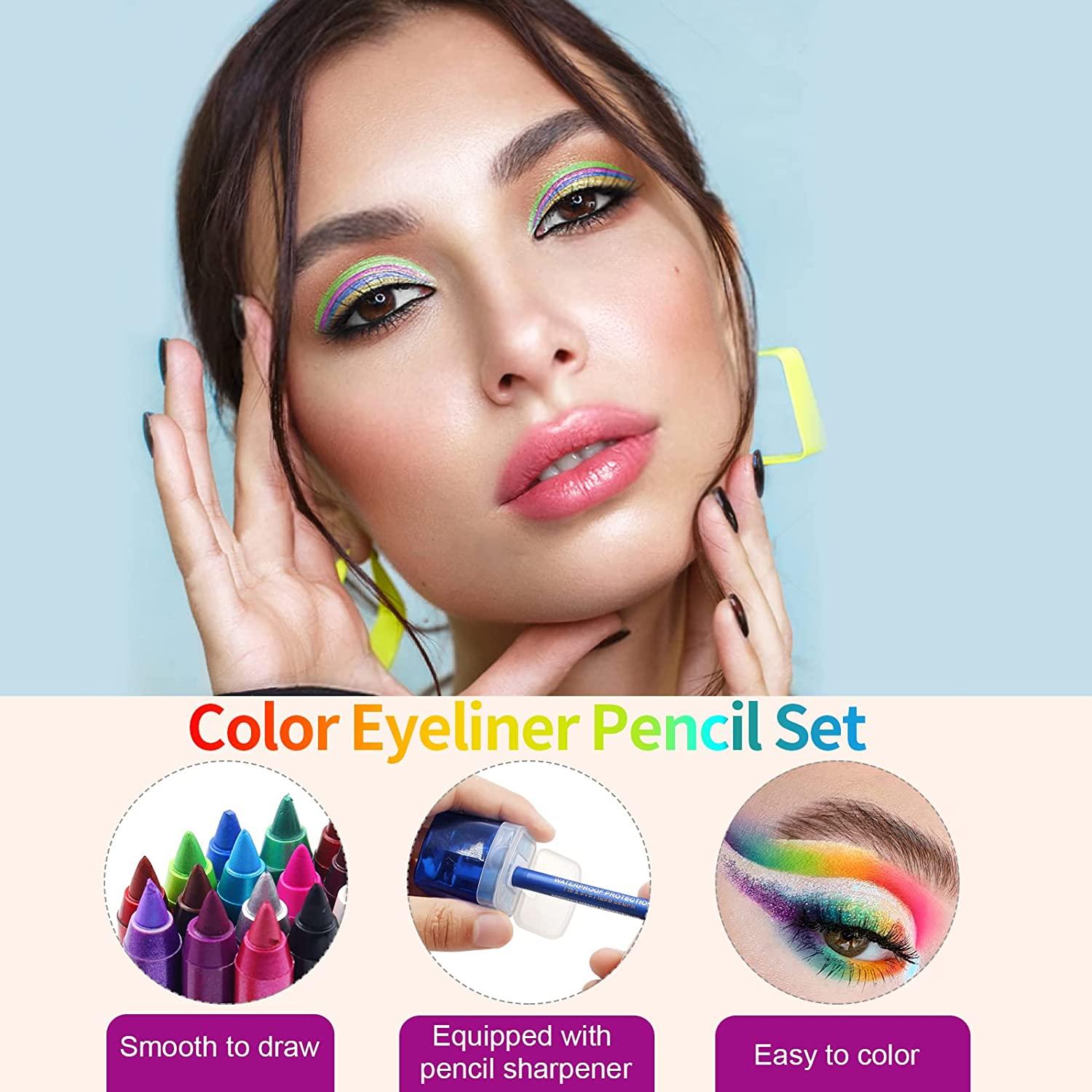 25 Color Waterproof Eyeliner Pencil Set with Sharpener Long Lasting Colorful Glitter Eye