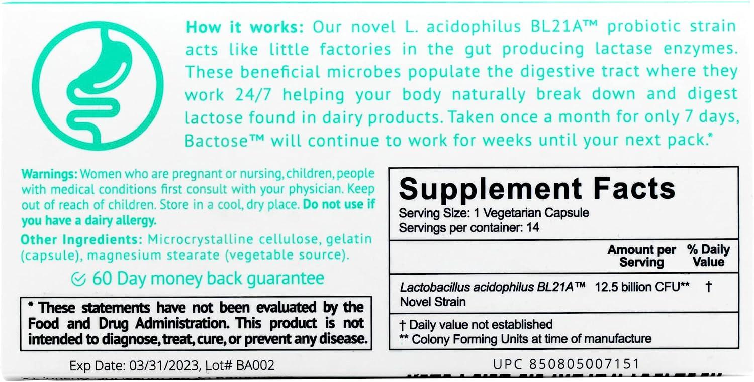 BACTOSE Lactose Intolerance Supplement Probiotic for Long Term Relief