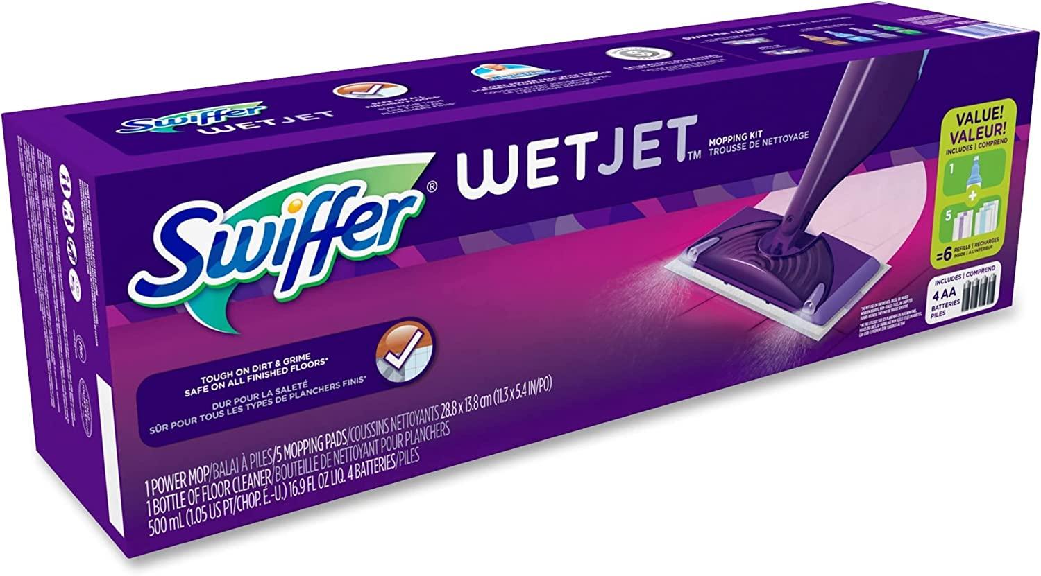 Swiffer WetJet Mop Starter Kit (1 Spray Mop, 5 Mopping Pads, 1 Floor  Cleaner Liquid Solution),Purple