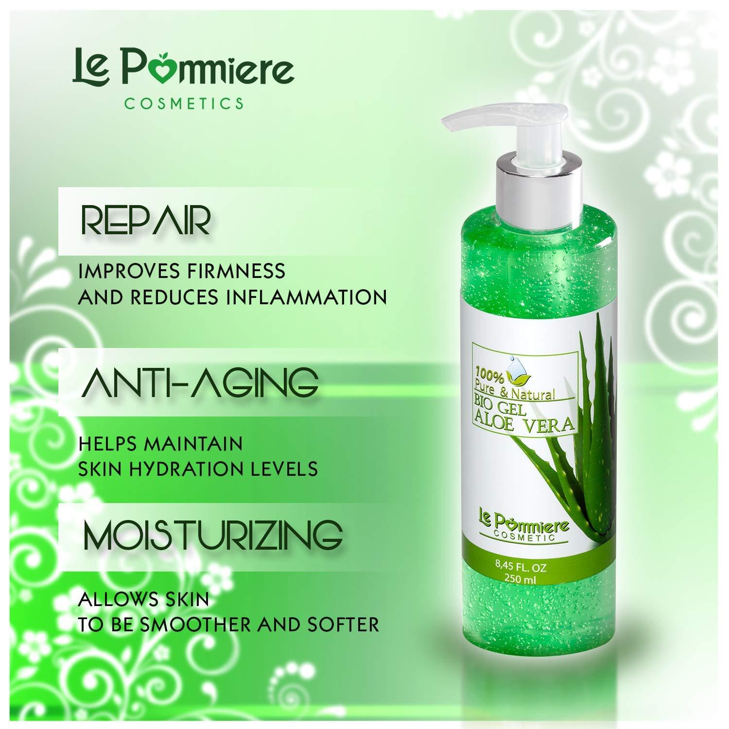 Le Pommiere Bio Gel Aloe Vera 250ml - 100% Pure Natural Moisture Cream for  Sunburn Repair Soothing Shaved Skin & Insect Bites - Ideal for Face & Body