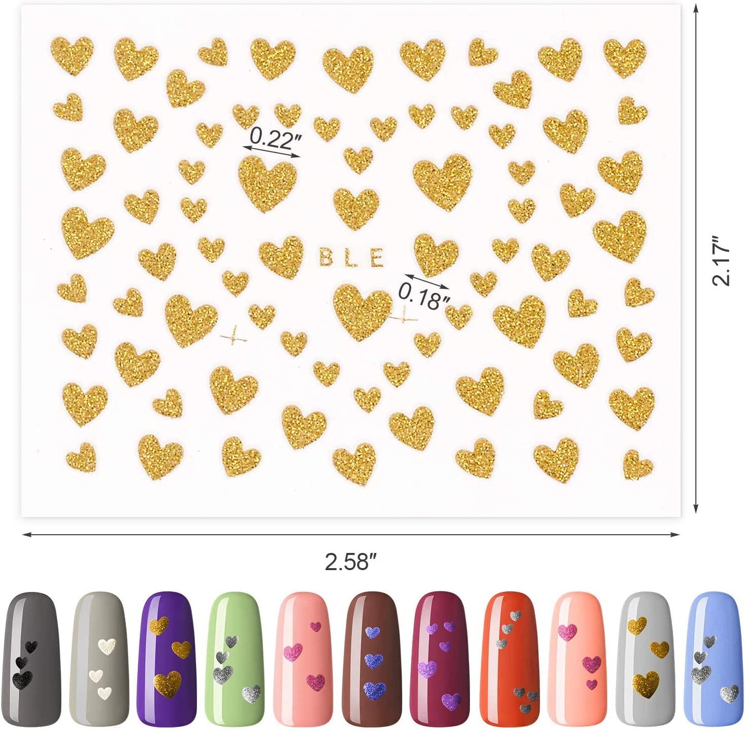 PAGOW 16 Sheets Heart Nail Art Stickers, 8 Color Love Heart Nail Decals