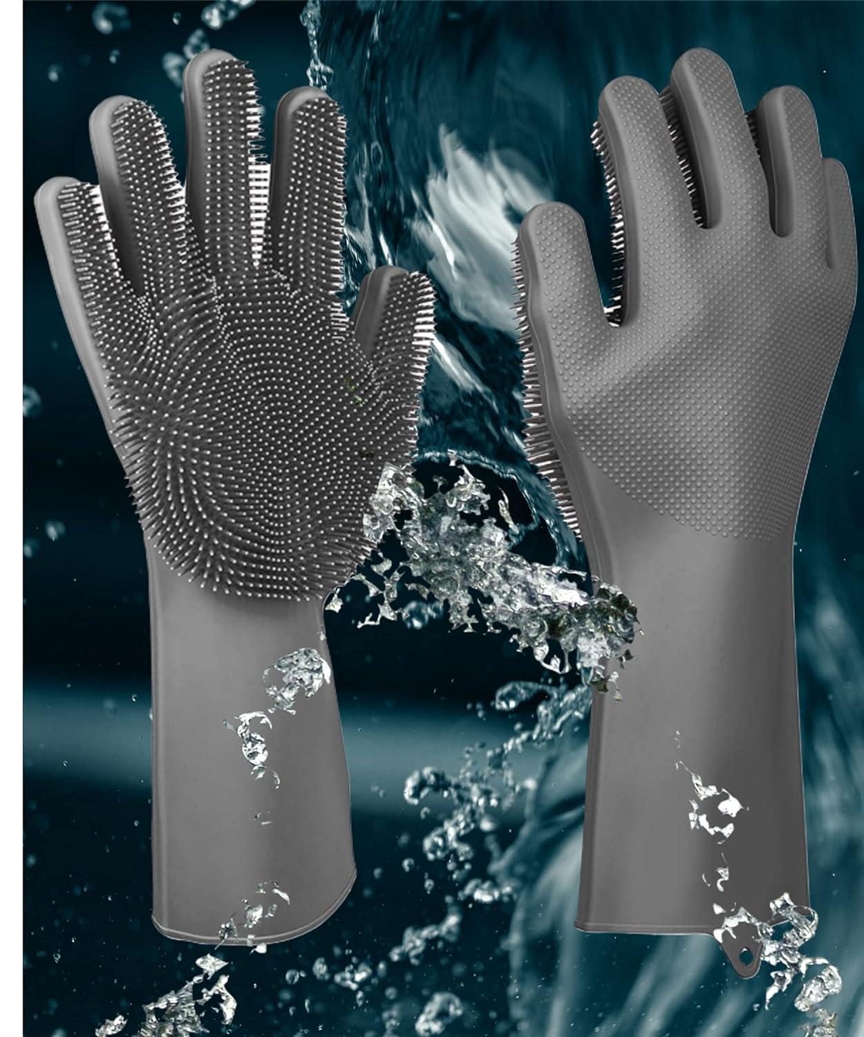 Grey Reusable Silicone Cleaning Gloves with Bristles Magic
