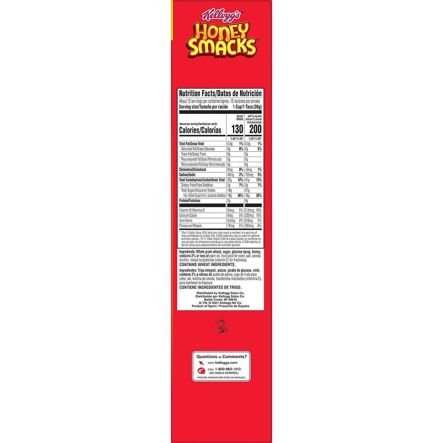 Kellogg's Honey Smacks Cereal 15.3oz Box Whole Grain Kids Snacks