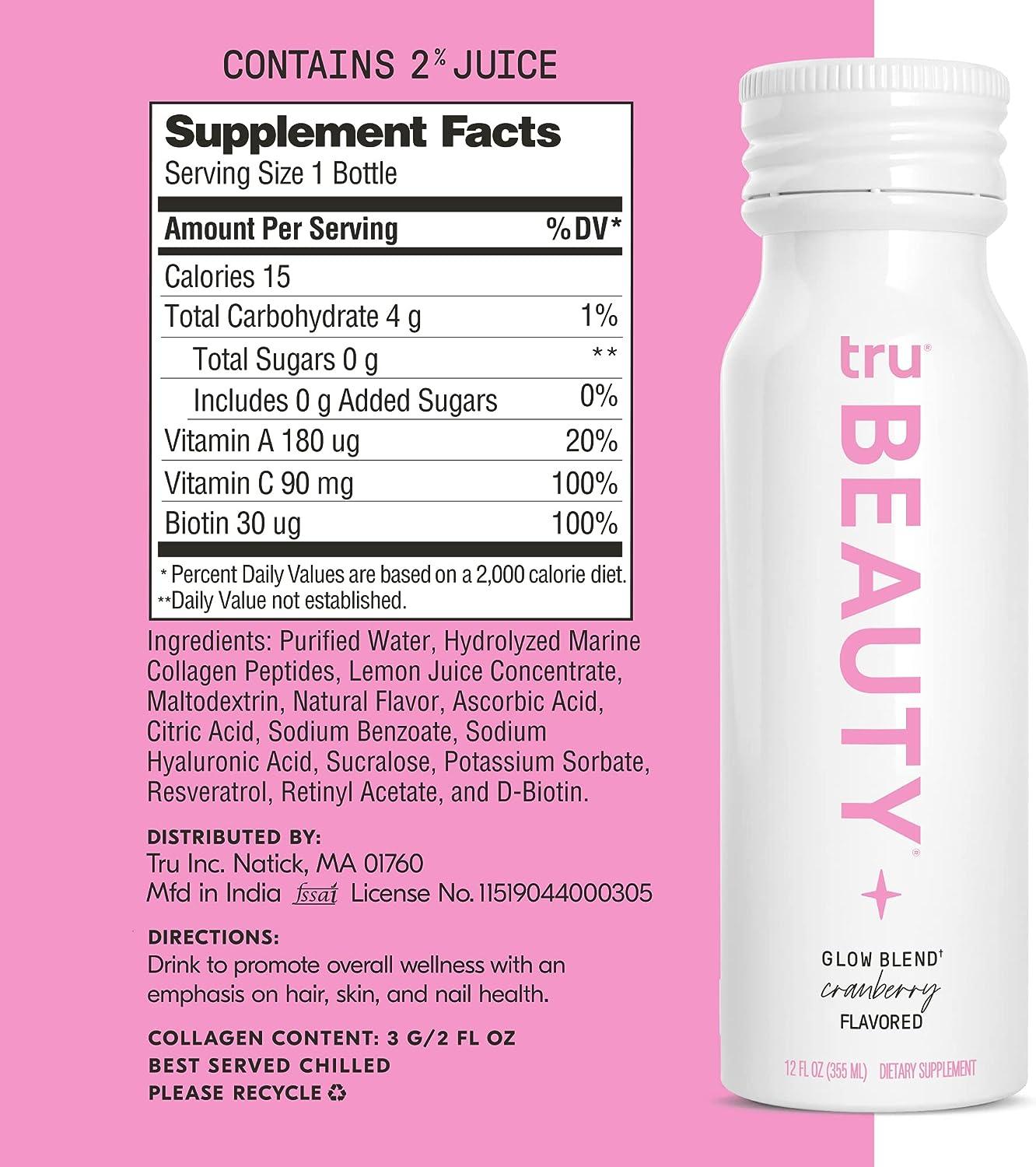 Tru Beauty Liquid Collagen Peptides Shots (12Pack) with Biotin