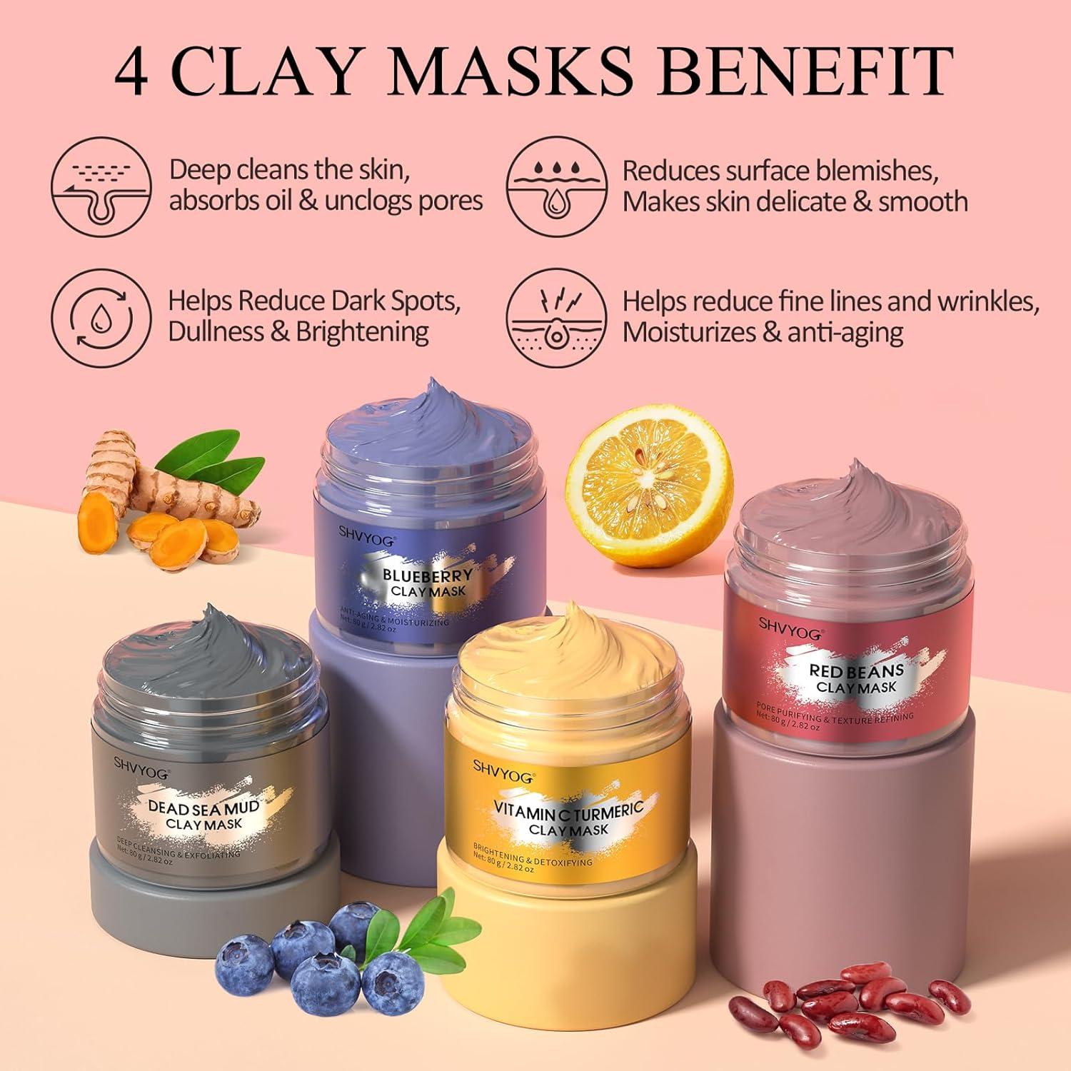 4 Pcs Clay Mask Set - Vitamin C Turmeric Dead Sea Mud & Blueberry