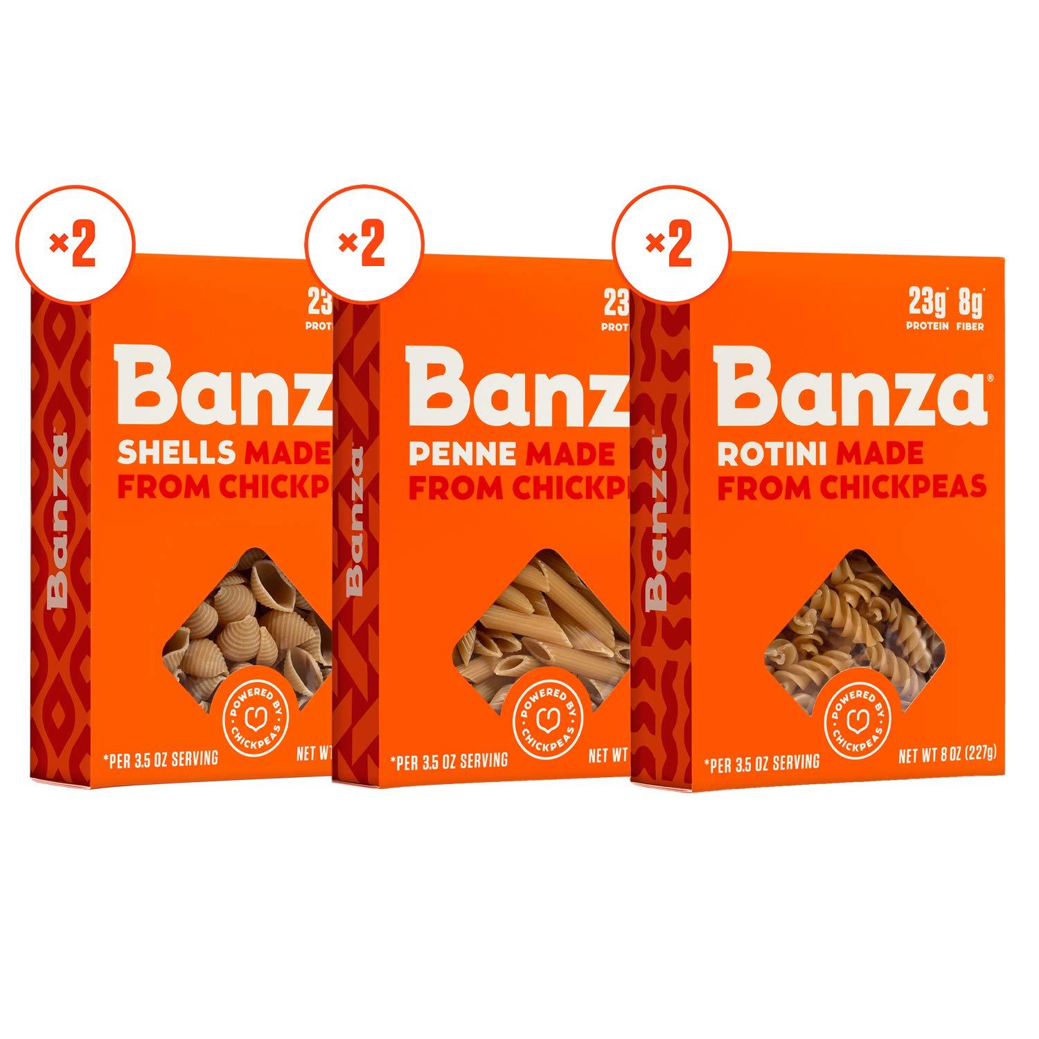 Banza Chickpea Pasta, Variety Pack (2 Penne/2 Rotini/2 Shells) Gluten Free Healthy Pasta, High