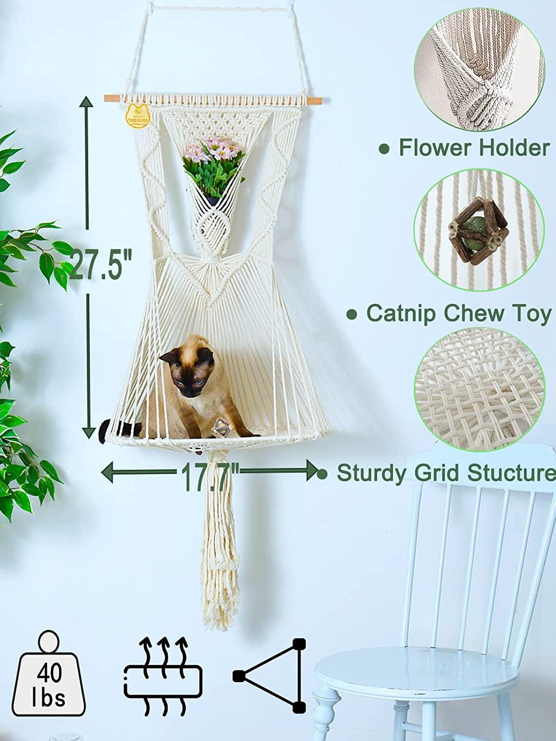 Macrame Cat Hammock,Macrame Hanging Cat Bed with Flower Holder,Macrame