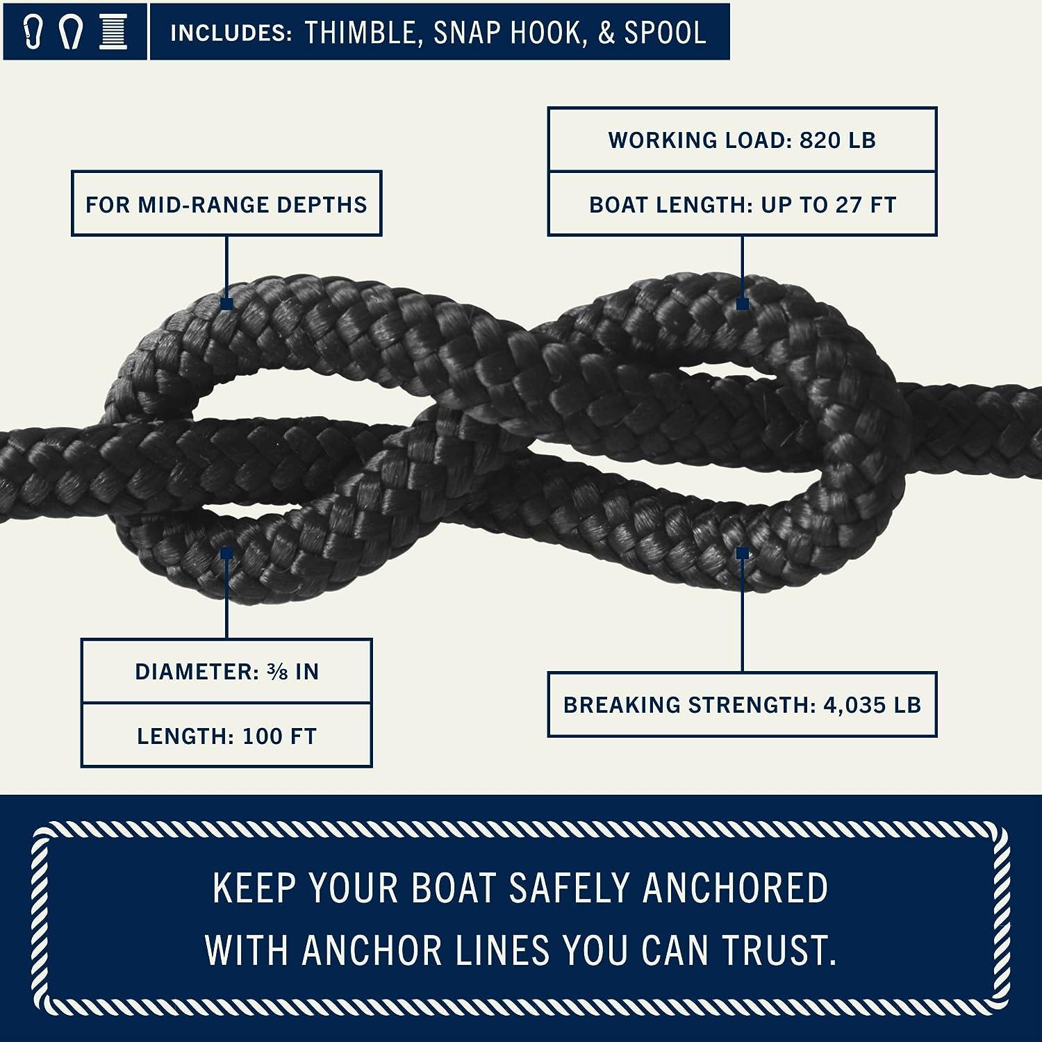 Rainier Supply Co. Boat Anchor Line - 100 ft x 3/8 inch Anchor Rope - Double  Braided Nylon Anchor Boat Rope with 316SS Thimble and Heavy Duty Marine  Grade Snap Hook 