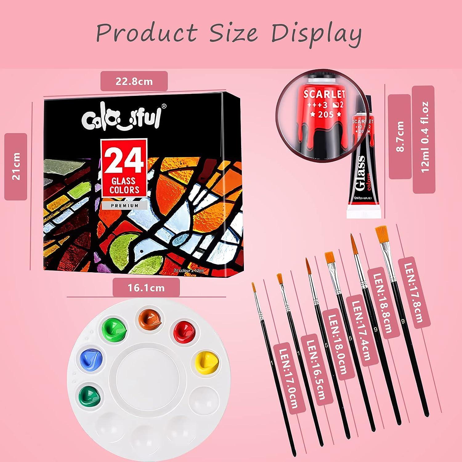 Stain Glass Paint Set with 6 Nylon Brushes, 1 Palette, 12/24