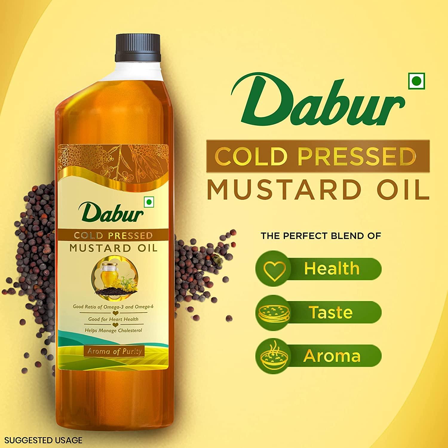 Dabur Cold Pressed Mustard Oil 1L Omega 3 & 6 Healthy Cooking Oil