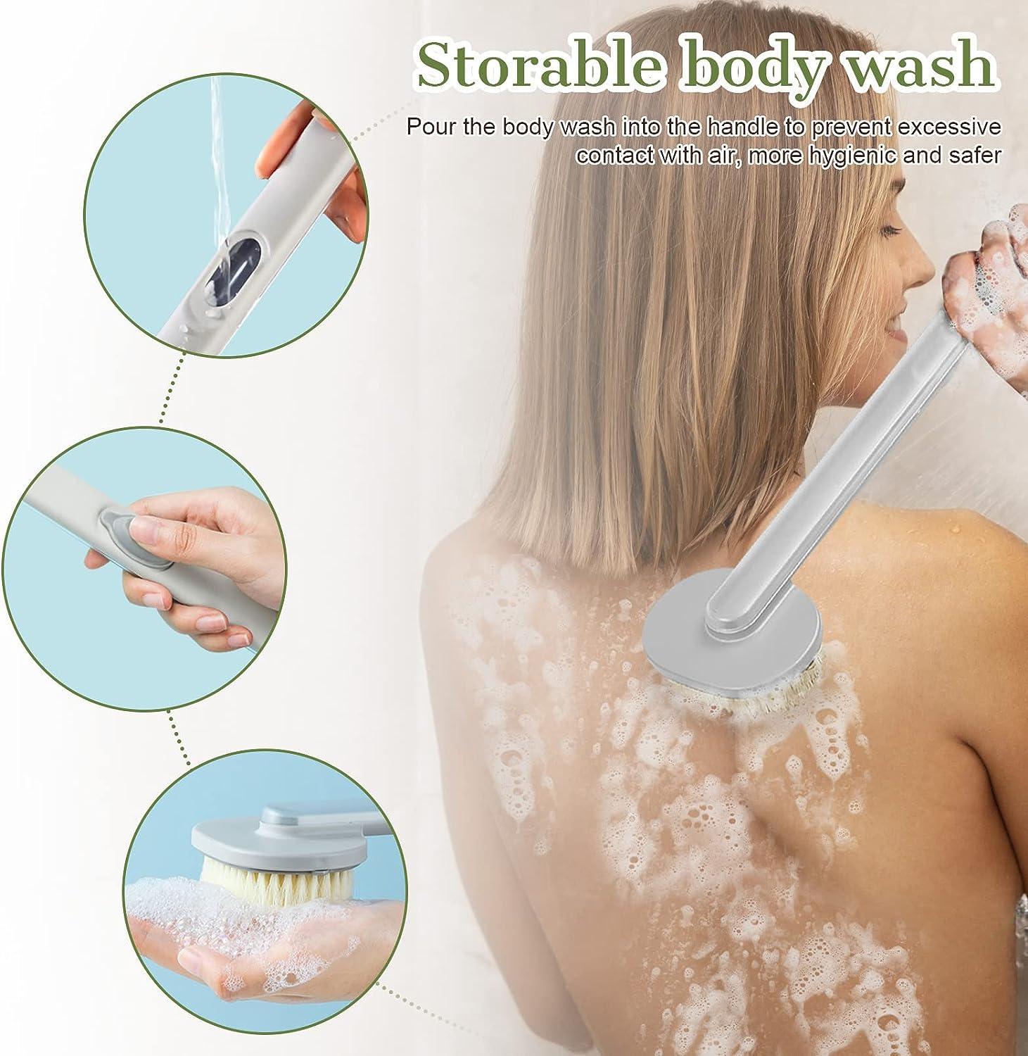 Long Handle Liquid Bath Brush Back Shower Sponge Brush Long Handle with Soap  Dispenser for Women Men Exfoliating Shower Brush (Grey)
