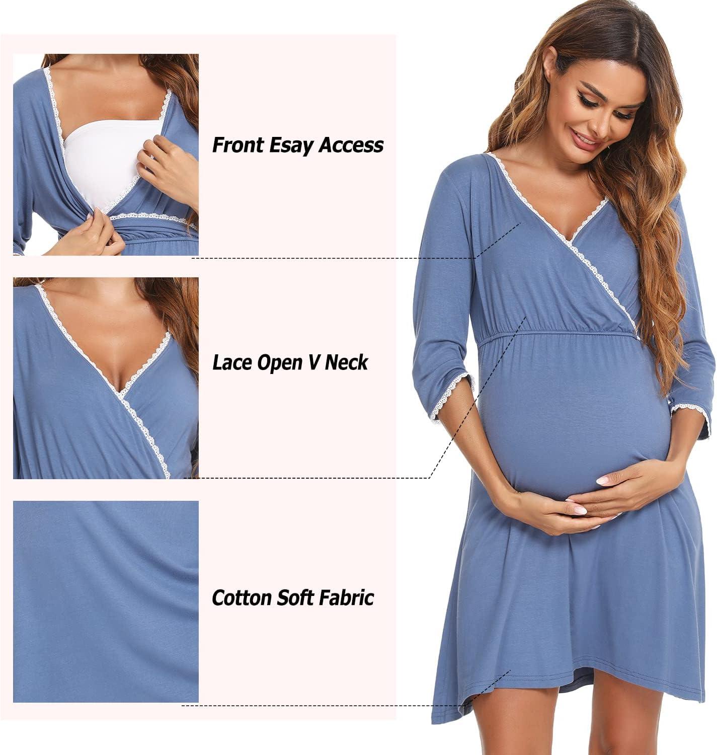 Sykooria Women's Breastfeeding Dress Cotton Soft Nursing Nightdress 3/4  Length Sleeves Maternity Nightdress Labour Nightgown for Hospital and Home  A - Blue M