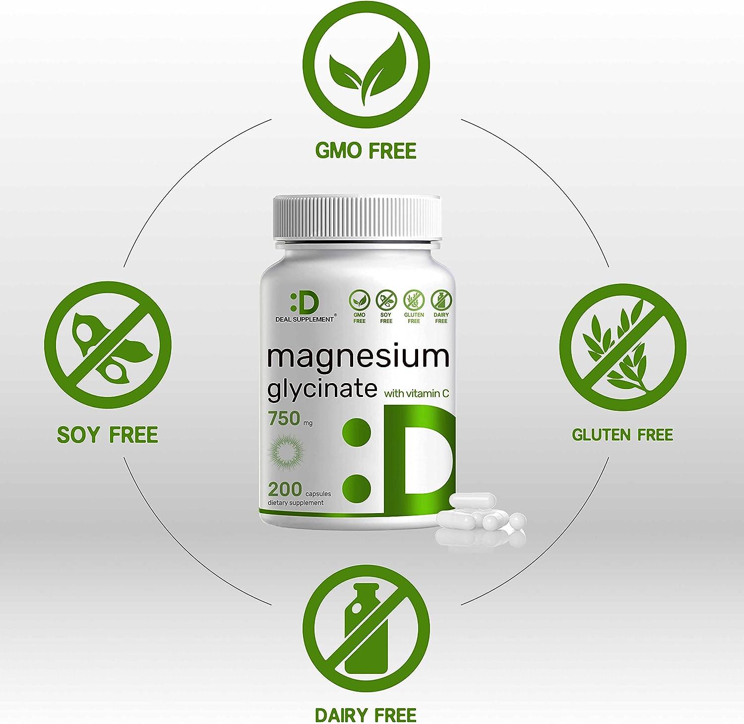 Magnesium Glycinate 750mg Plus Vitamin C 21 Formula 200 Capsules 100 Chelated Supports