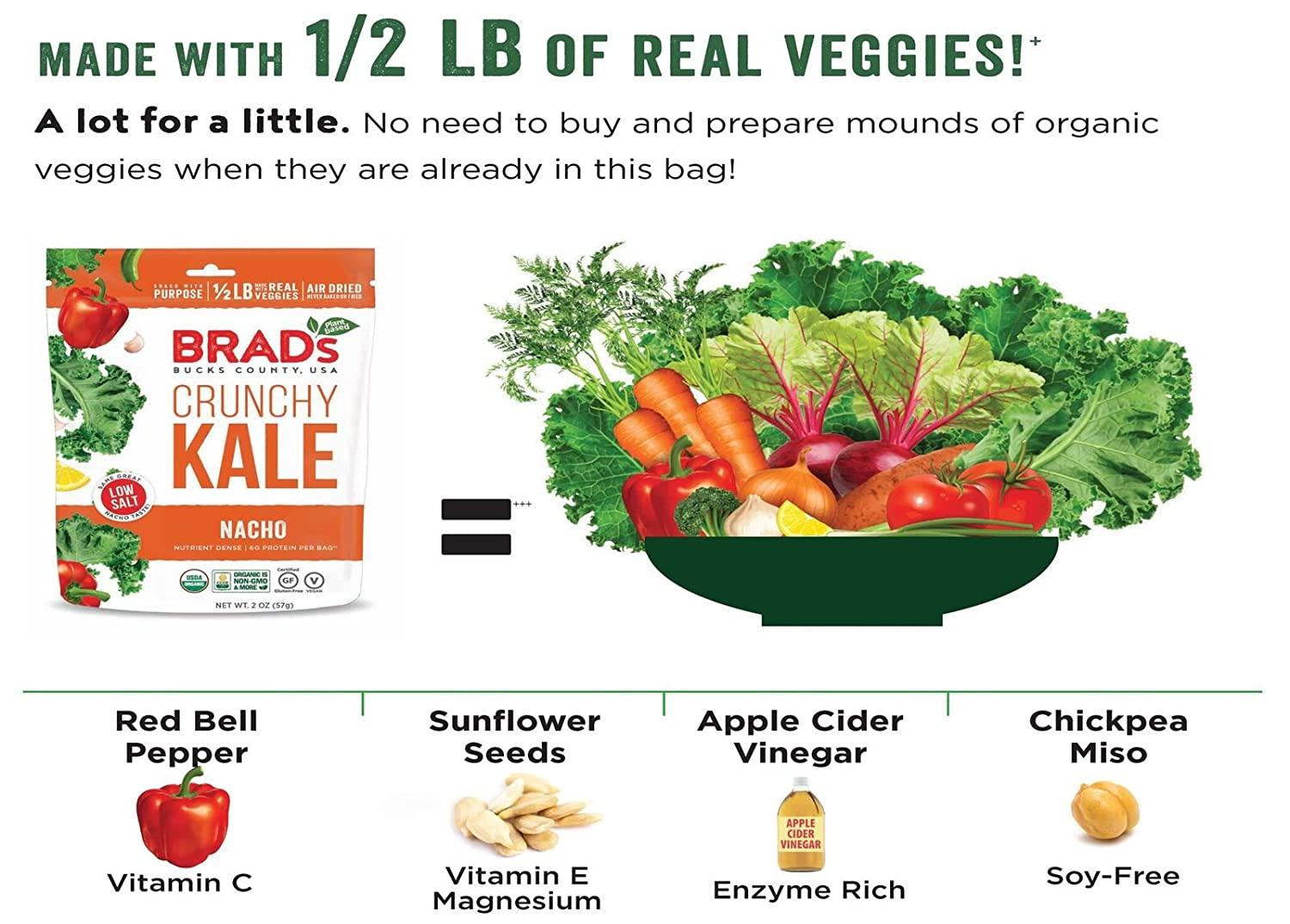 Brad's Plant Based Organic Crunchy Kale Nacho 6 Bags 12 Servings Total