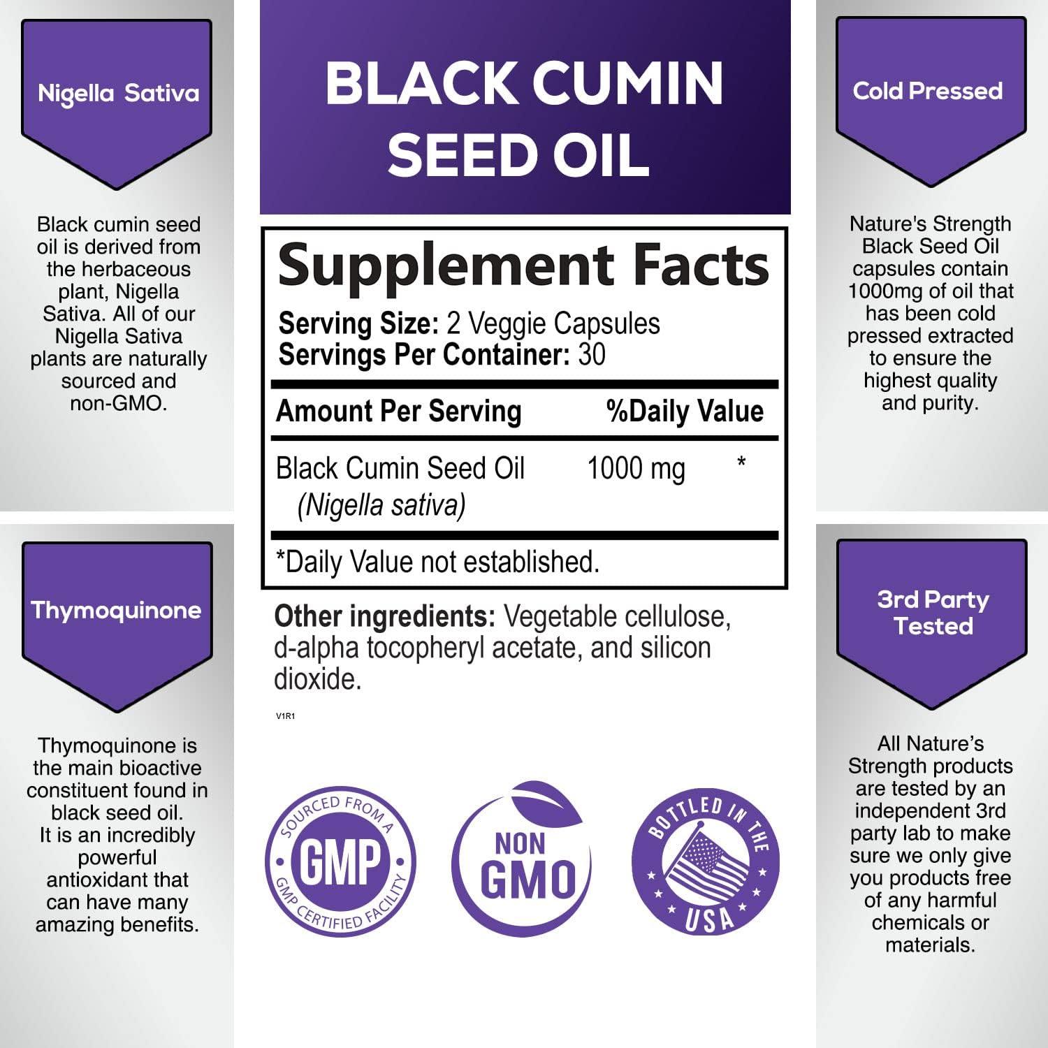 Black Seed Oil 60 Softgel Capsules Premium Cold Pressed NonGMO Nigella Sativa, Pure Black