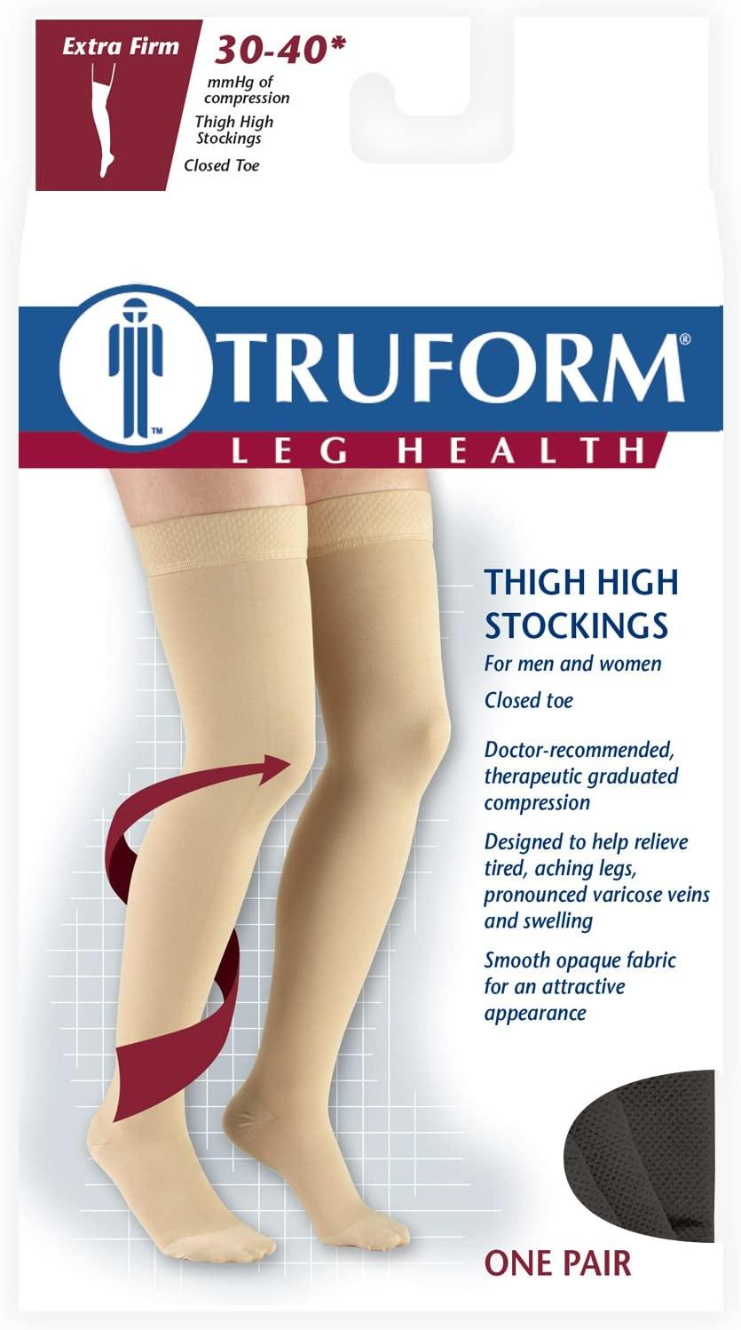 Truform 30-40 mmHg Compression Stockings for Men Women Thigh High Length  Dot-Top Closed Toe Black Medium Black Medium (1 Pair)