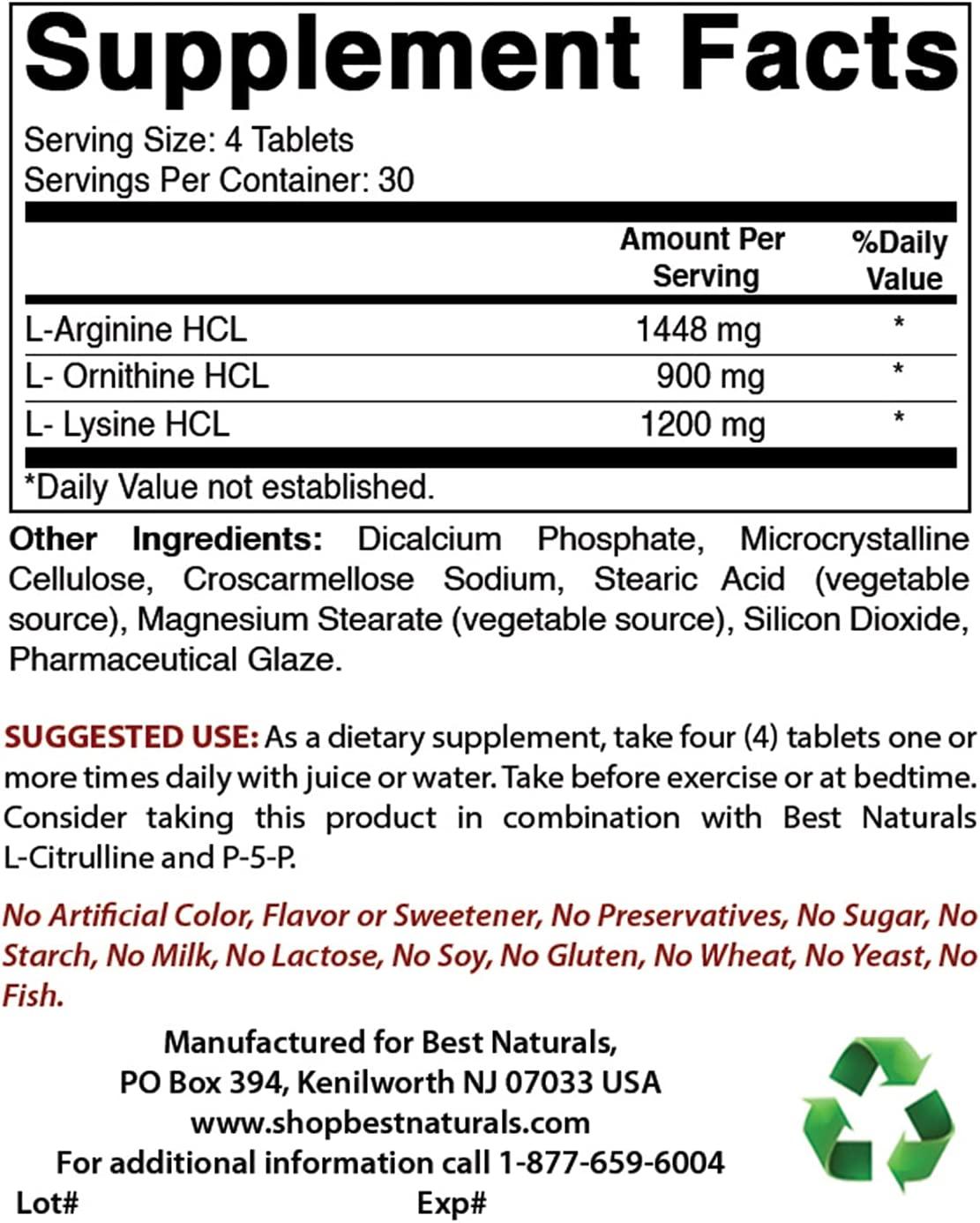 Best Naturals TriAmino with LArginine, LOrnithine, LLysine 120 Tablets (New Improved Formula)