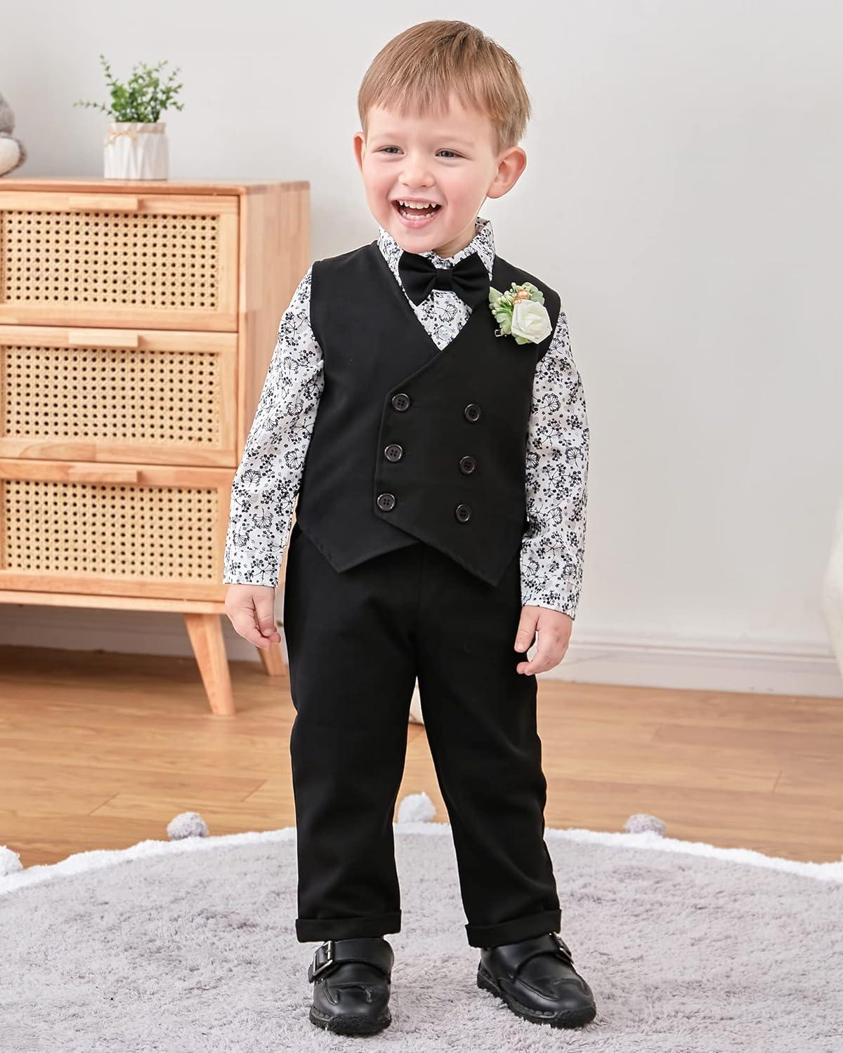 ZOEREA Baby Boy Gentleman Clothes Sets 1-5 Years Infant Wedding Tuxedo Outfits Long Sleeve Formal Shirt+Suspender Pants+Vest+Bowtie+Boutonniere 2-3