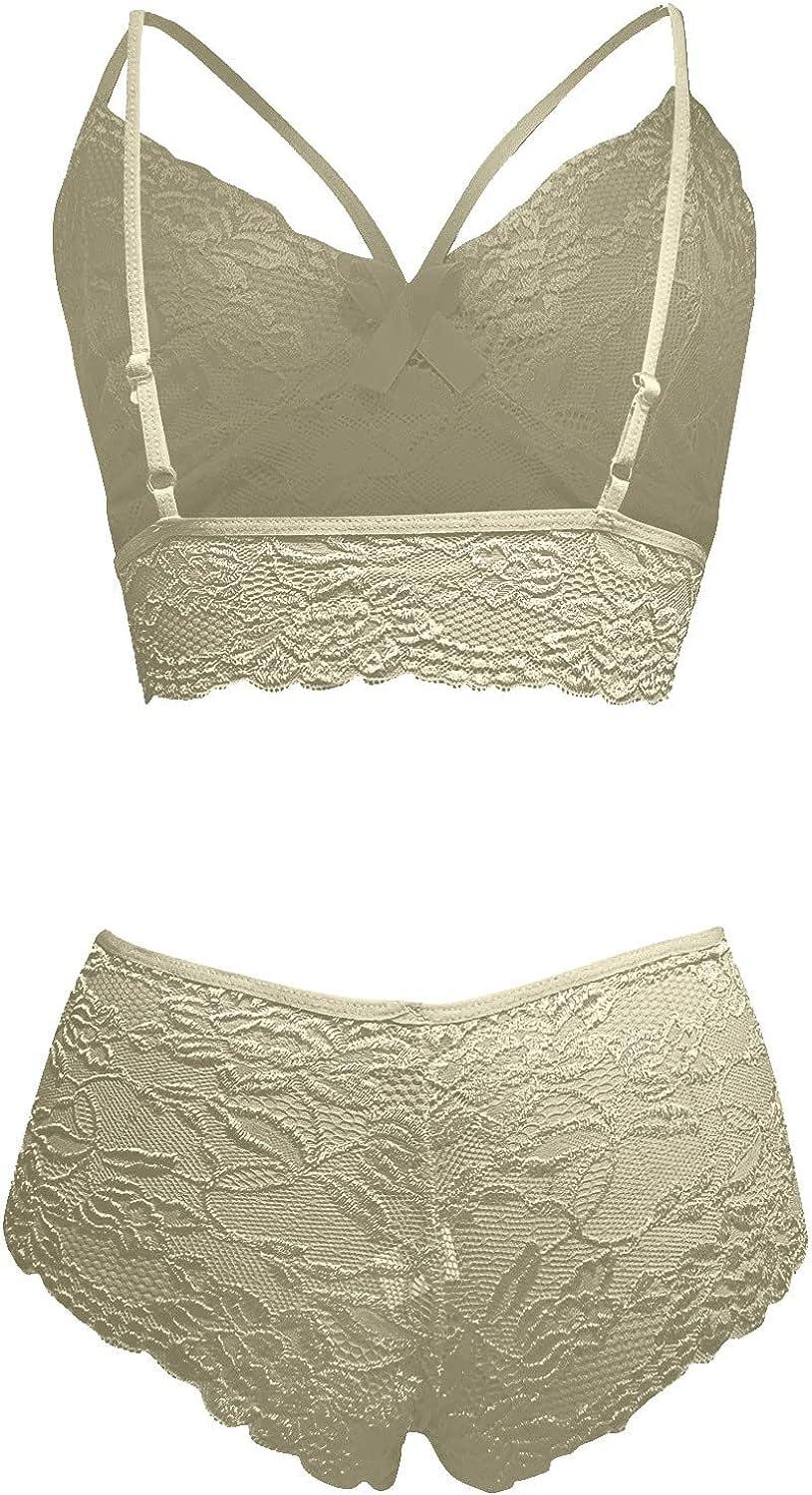 ctdiral Lingerie Sets for Women 2 Piece Sexy Hollow Out Cute Lace Push Up  Bra and Thong Underwears Beige X-Large