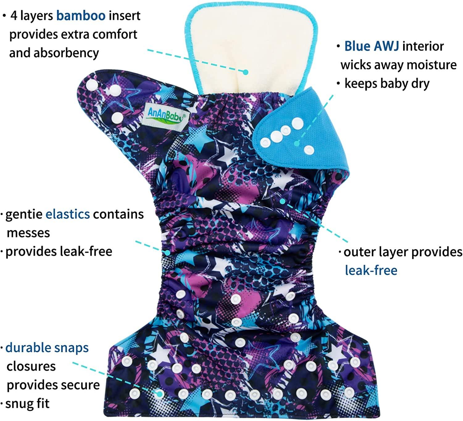 8-Pack Printed Cloth Diapers With 16 Bamboo Inserts - Adjustable Fit For Babies 10-35 Lbs
