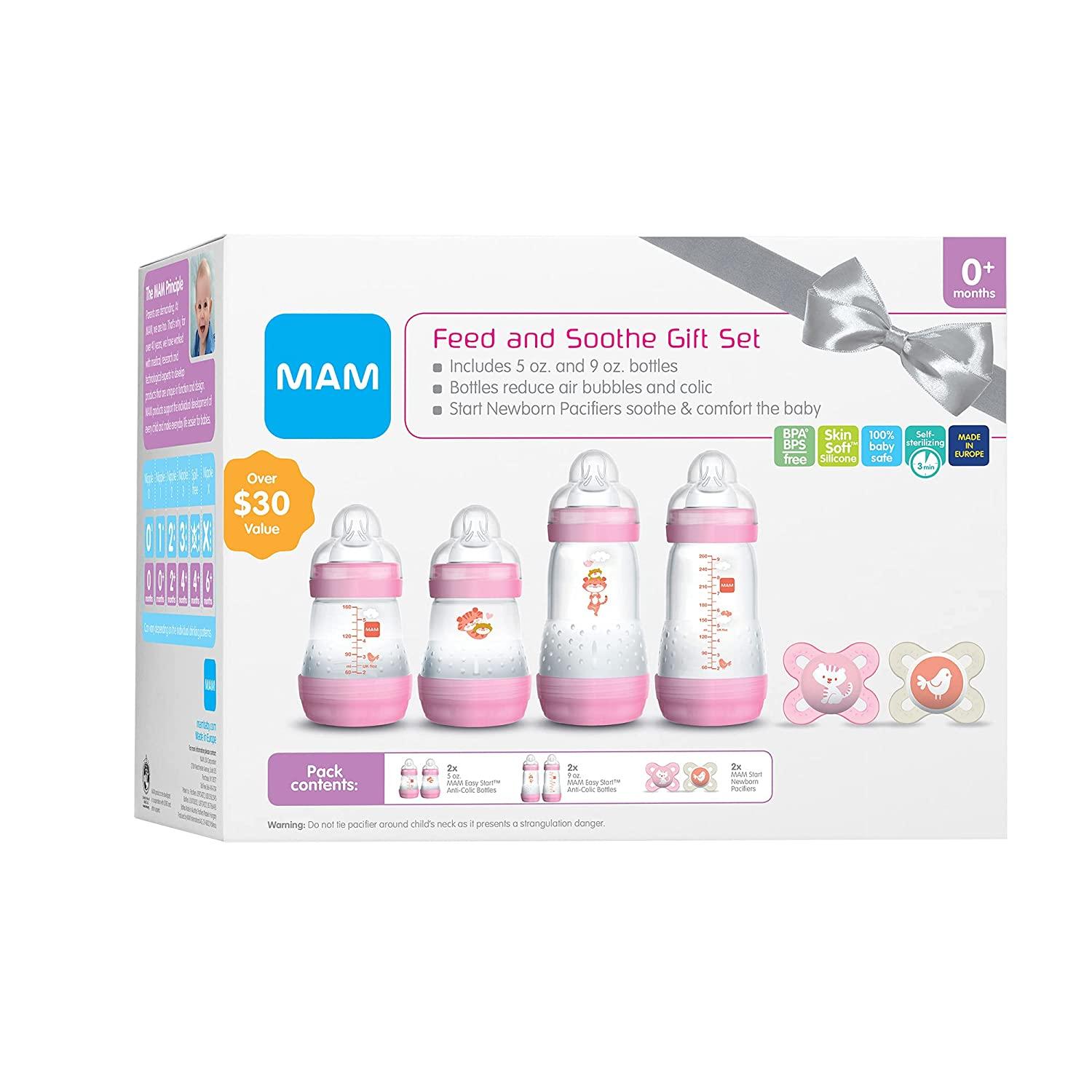 Puro Bebé - El set de regalo MAM feed and calmante incluye 4 botellas  anticolicas, 2 cada una de 5 onzas y 8 onzas. También se incluyen 2  chupetes de silicona de