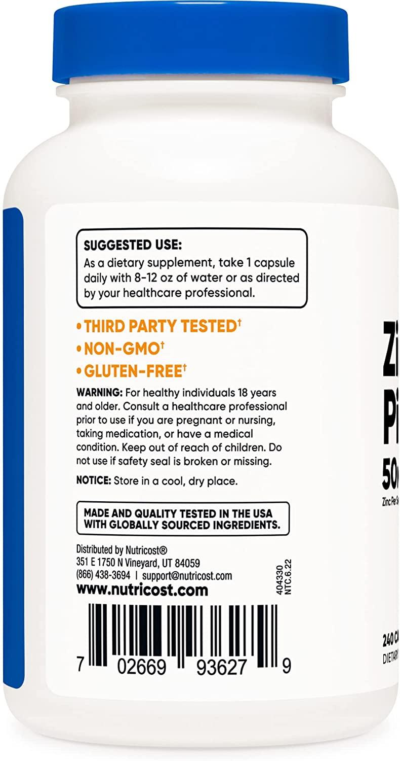Nutricost Zinc Picolinate 50mg 240 Vegetarian Capsules Gluten Free