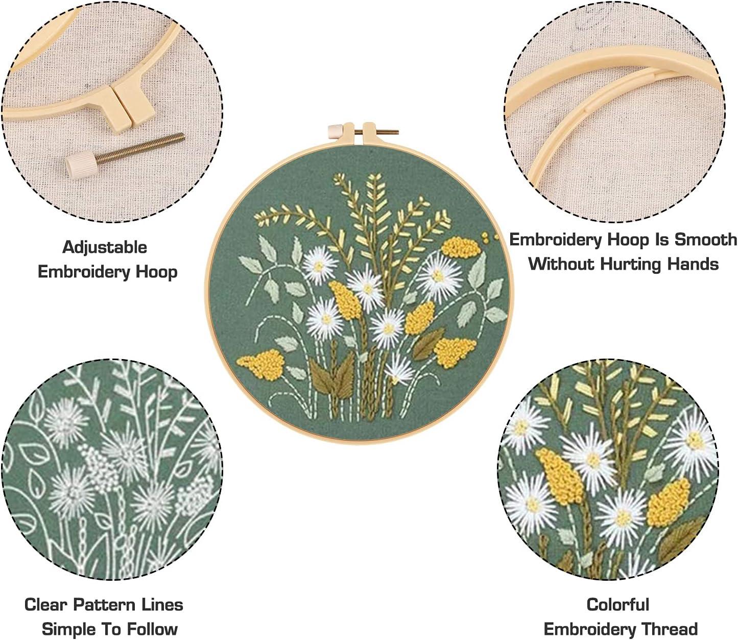 Embroidery Starters Kits with Pattern, Stamped Cross Stitch Kits for  Beginners Adults Needlepoint Hand Embroidery Hoops Cloth Color Thread Floss  Flowers Plants Embroidery Kits 