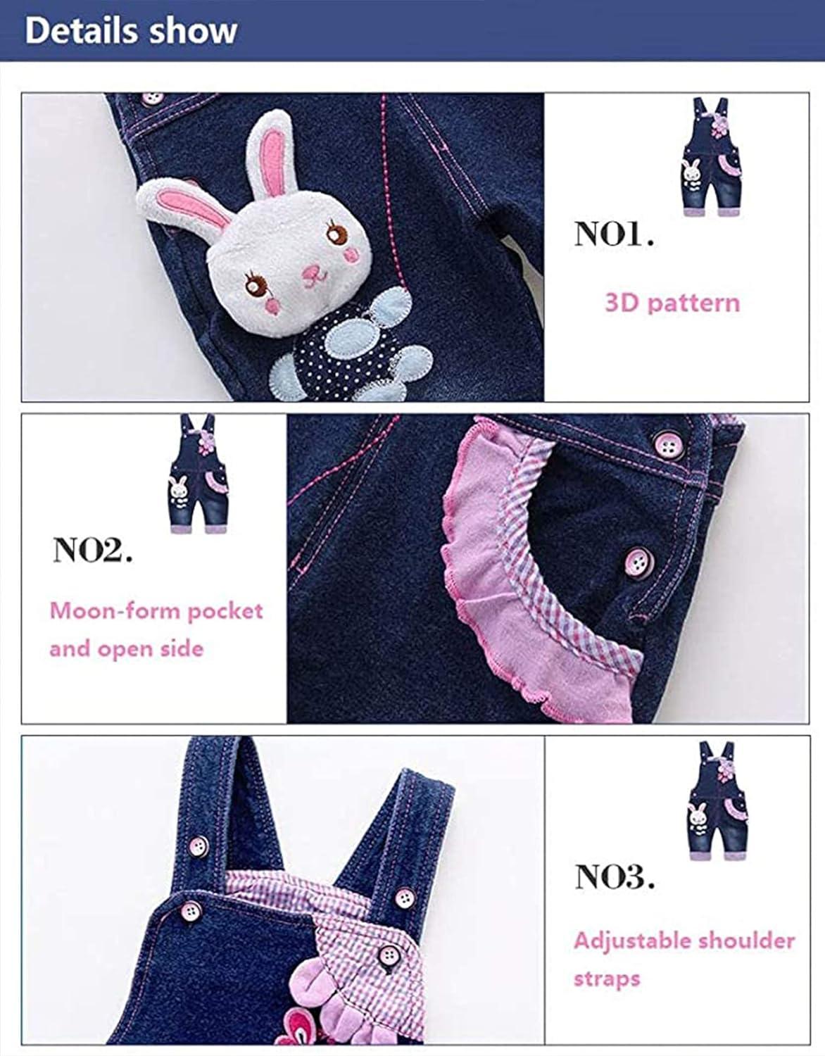 KIDSCOOL SPACE Baby Girl Jean Overalls 3D Bunny Outfit 3-4