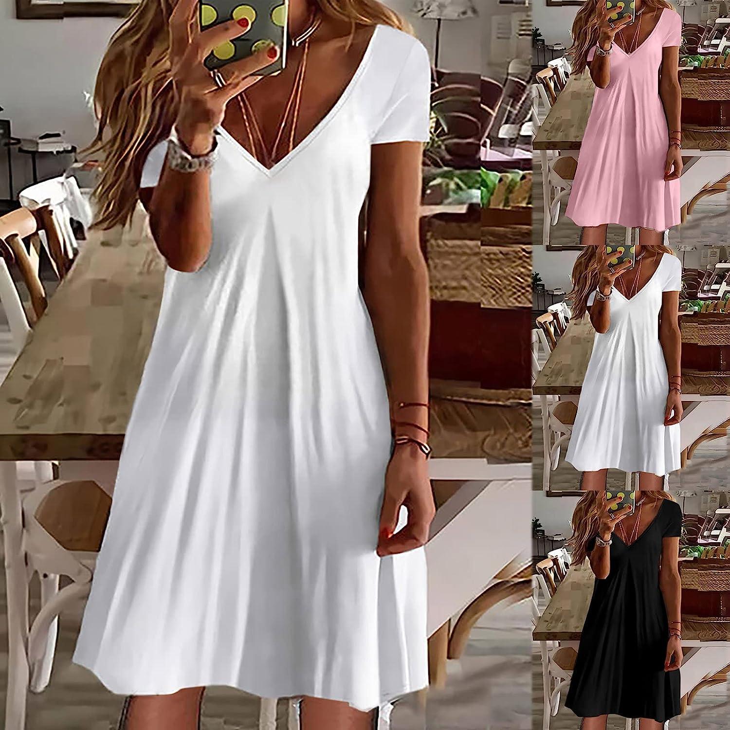BOXIACEY Summer Dress for Women Casual Sexy Deep V Neck Solid Color Spring  Dresses Loose Elastic Short Sleeve White Dress X-Large Black