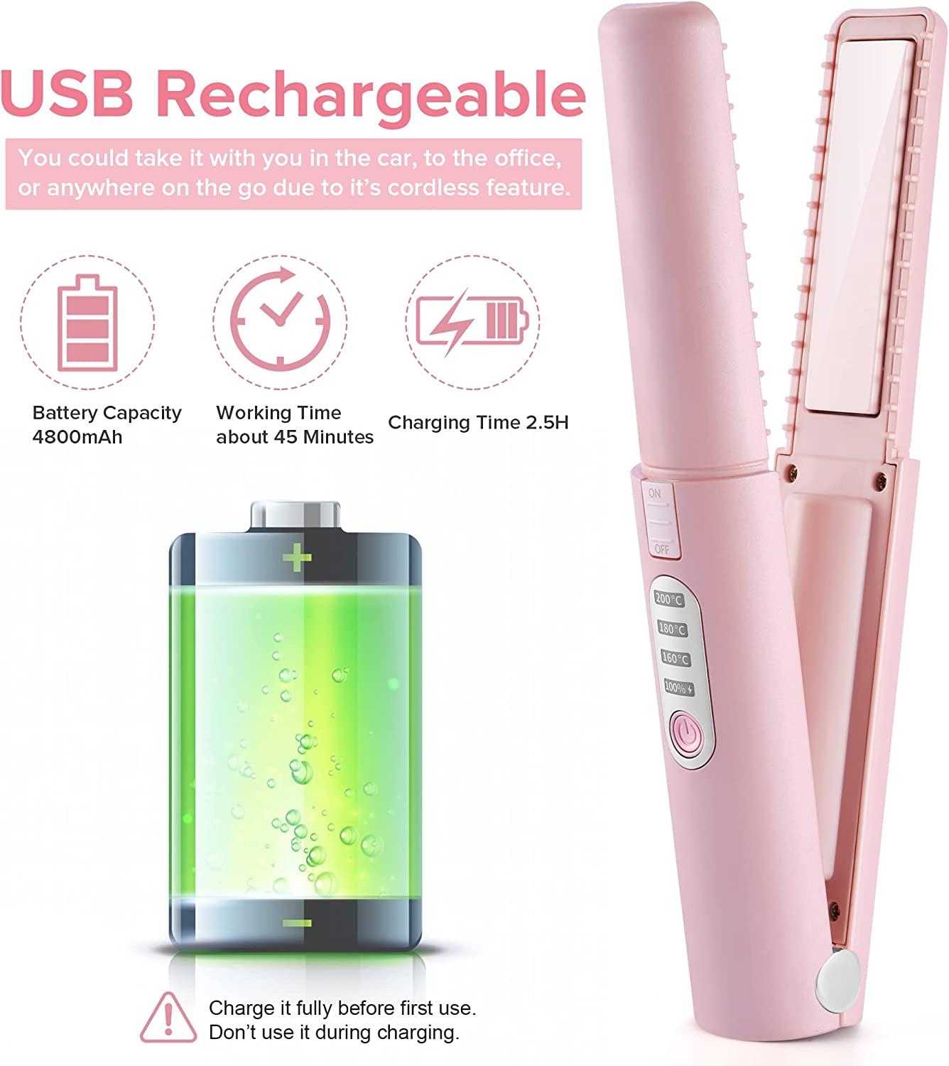 Hair Straightener (Upgraded), Cordless Straightener, Wireless Flat Iron for  Hair, USB-C Rechargeable Ceramic Mini Flat Iron with 4800mA Battery,  Adjustable Temperature, Travel Size (Pink)