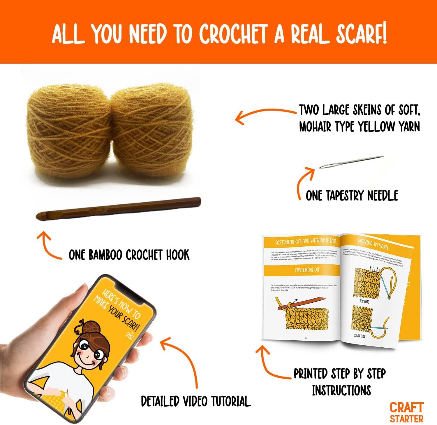 CraftStarter Crochet Kit for Beginners Adults and Kids. Includes All Crocheting  Supplies (Yarn, Wooden Crochet, Detailed Instructions) to Make a Real  Scarf. Amazing Gift for Somebody You Love (Yellow)