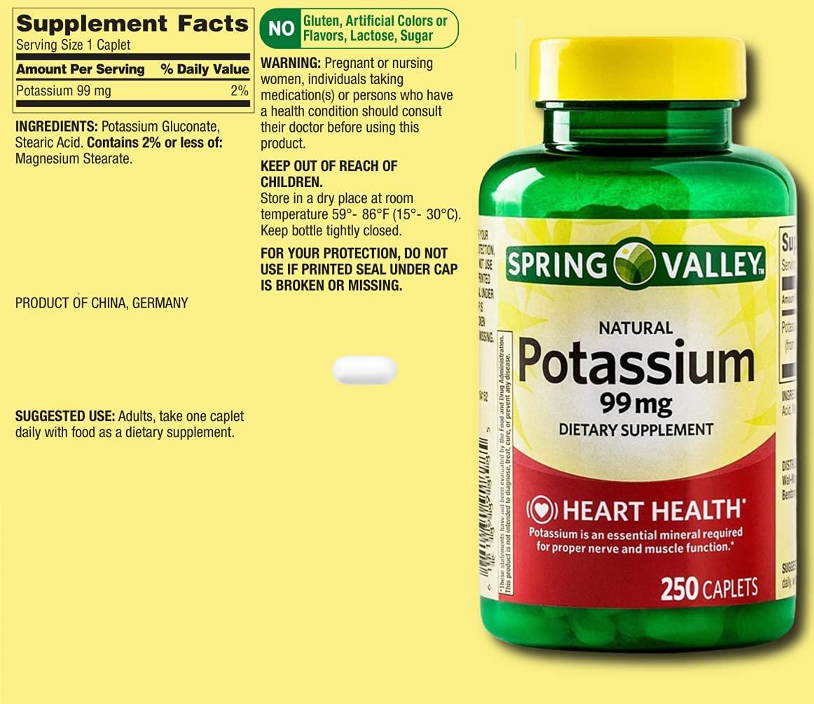 Spring Valley Potassium Supplement 99mg Caplets 8 Month Supply
