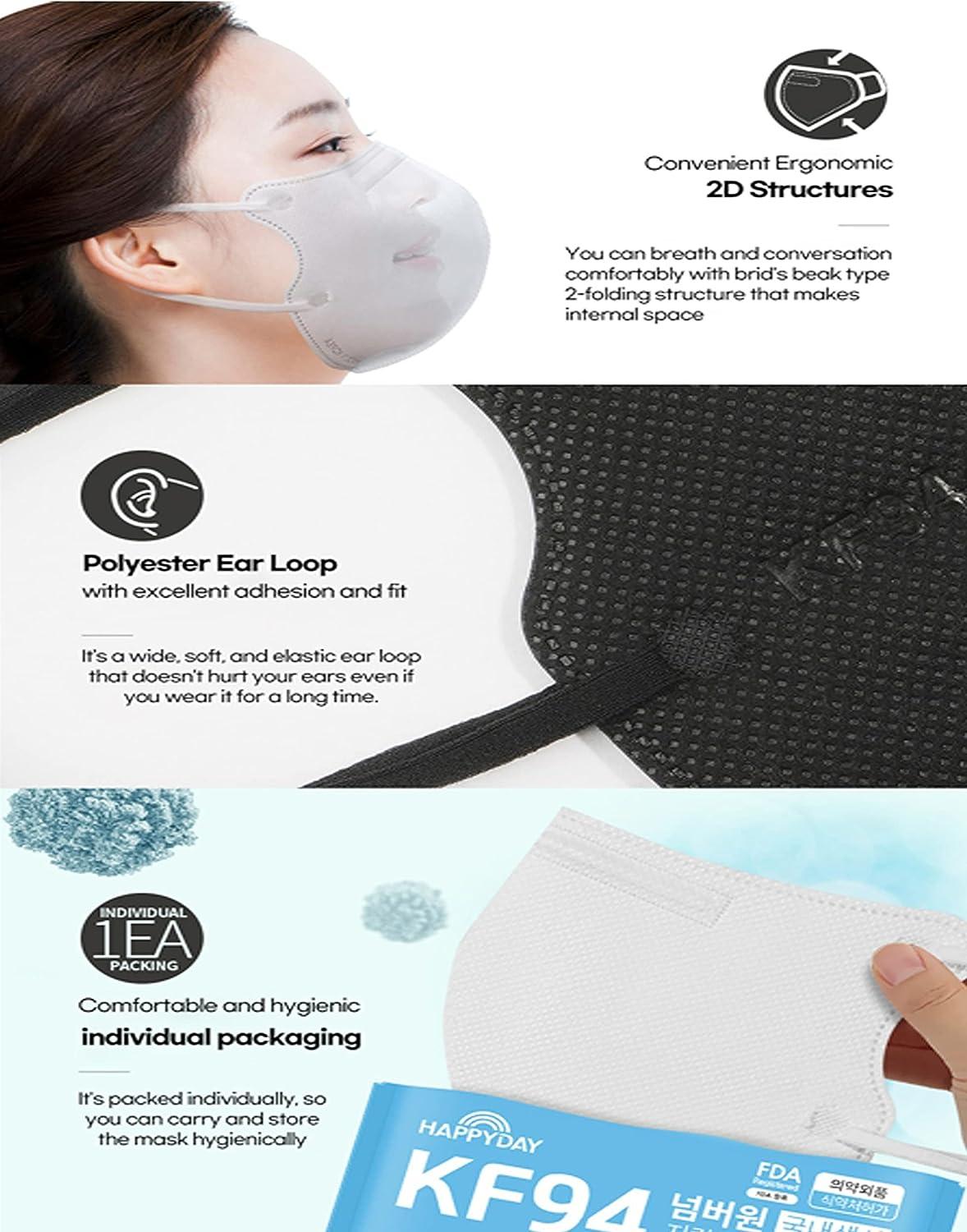 HAPPYDAY A Set of 25 Packages Made in KOREA 2D KF94 Black Face Mask for