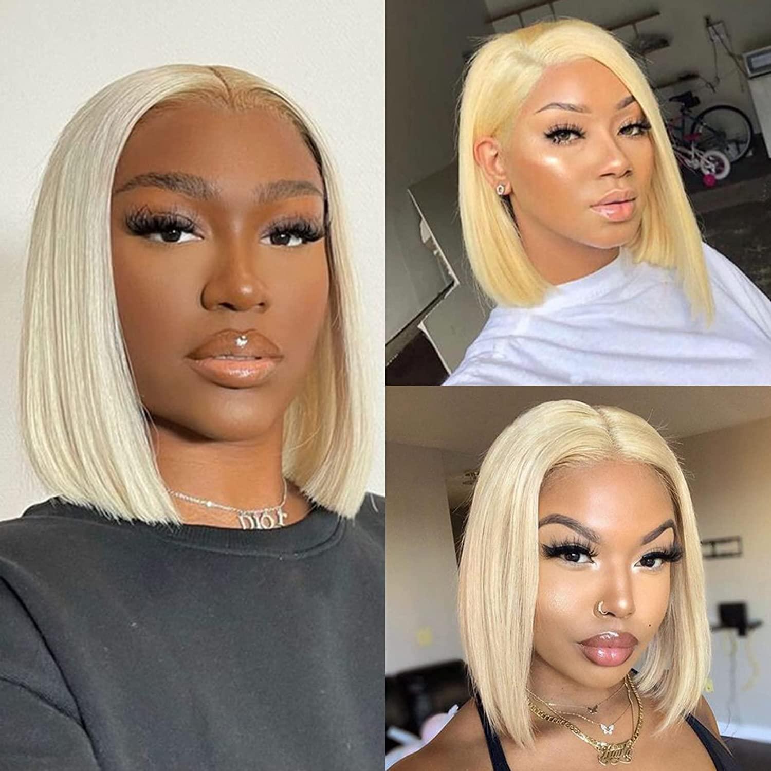 613 Blonde Short Bob Wigs Original Queen Straight Human Hair Wigs for Women  Brazilian #613 Blonde Lace Front Wigs Human Hair 180% Density 4X4  Transparent Lace Blonde Wig Human Hair 12Inches 12