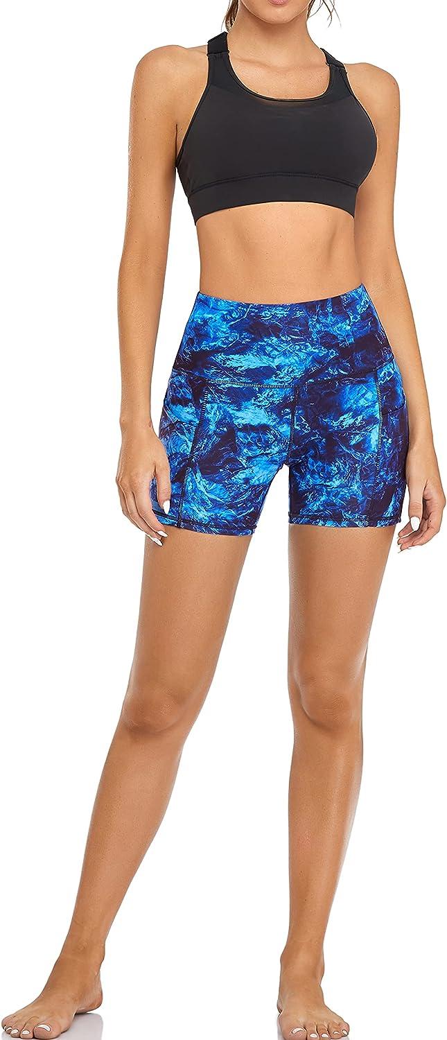 Oalka Women's Short Yoga Side Pockets High Waist Workout Running Sports  Shorts 4 Shorts 4 Marble Dye Blue XX-Large