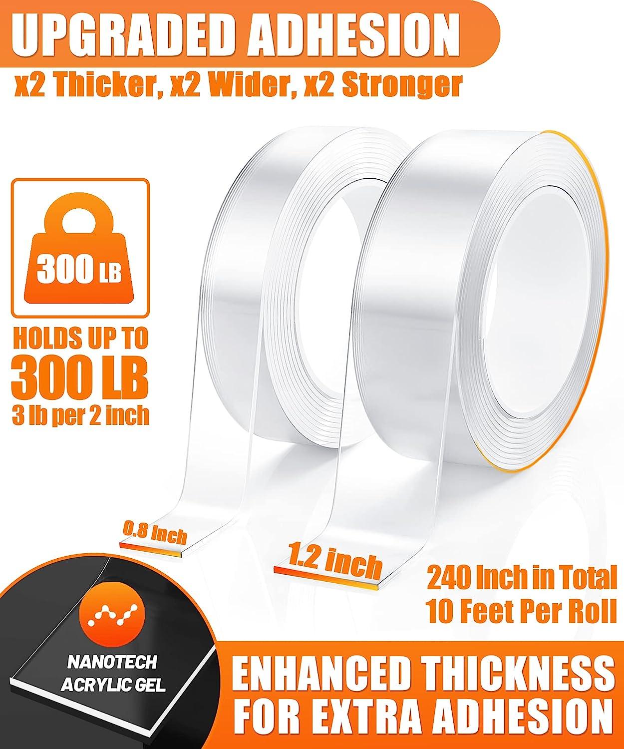 2 Rolls Double Sided Tape Heavy Duty - 240 x 1.2 & 0.8 - Removable Nano  Tape for Poster Carpet Picture Hanging Strip Rug Wall Outdoor - Clear &  Strong Adhesive Multipurpose Mounting Tape - 20 Feet