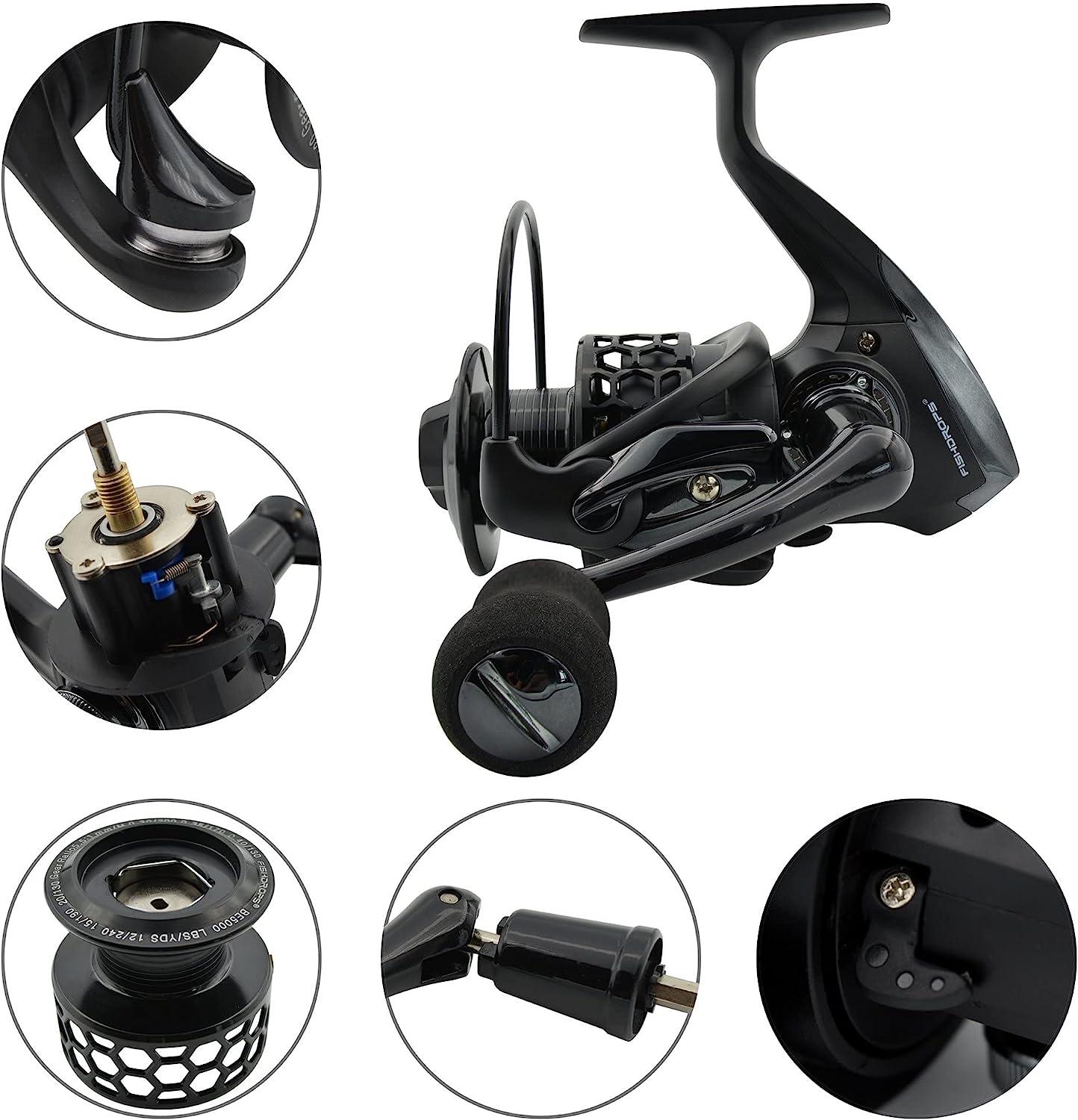 Fishdrops Spinning Fishing Reels 12+1BB Ultra Lightweight Carved Aluminum  Spool Reels Affordable Smooth Spinning Reels BE Black Size1000