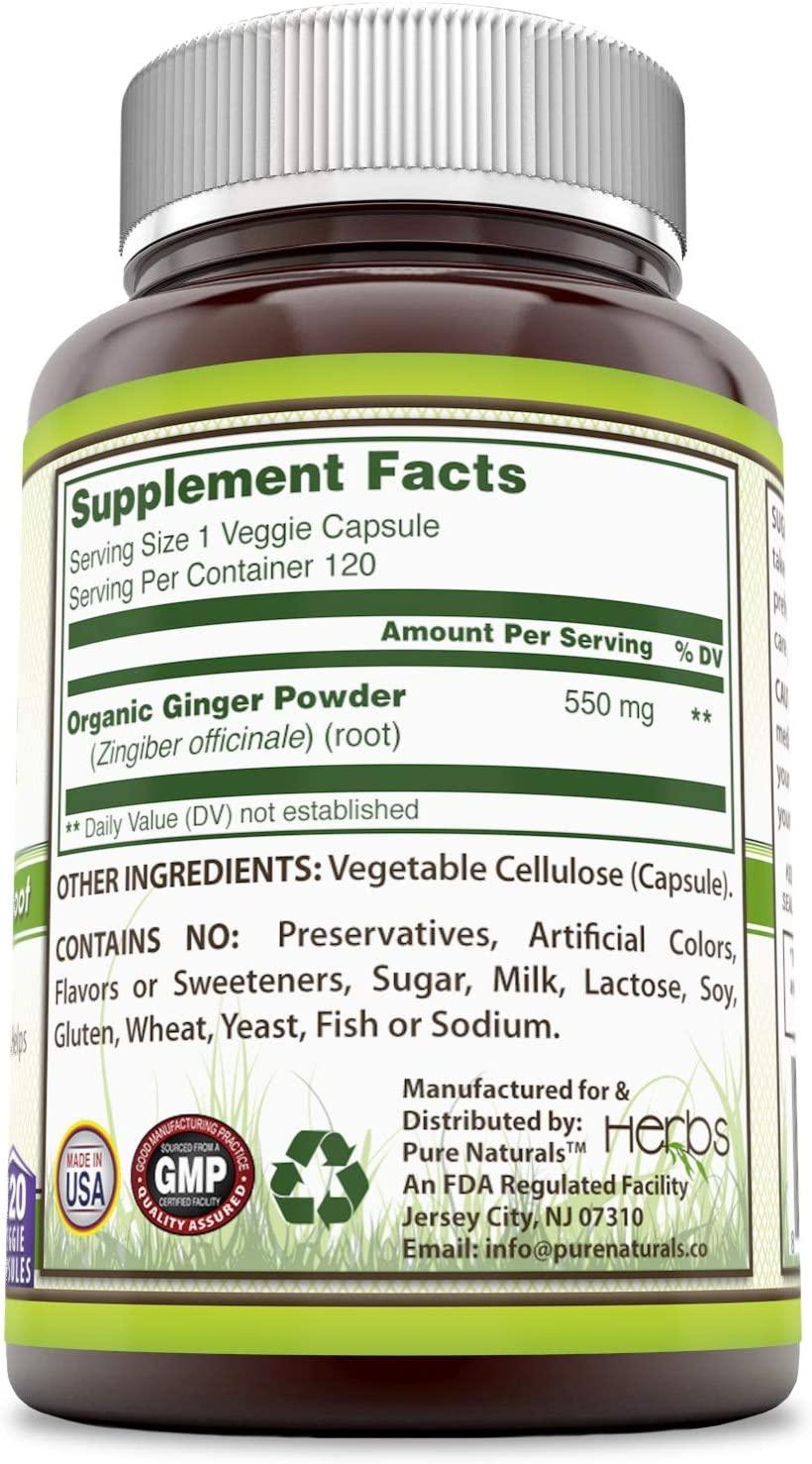 Pure Naturals Ginger Root Supplement 550mg Capsules Easy to Swallow