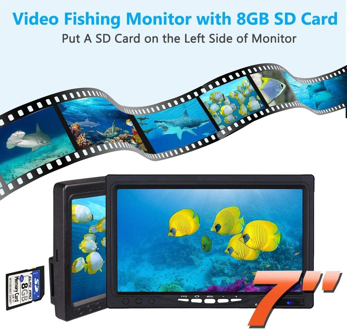 Underwater Fishing Camera, Anysun Ice Fishing Camera Portable Video Cameras  Fish Finder with 7'' HD Monitor and Waterproof 12 Lights Fishing Camera for  Boat Kayak Lake Sea Fishing (8GB Card)