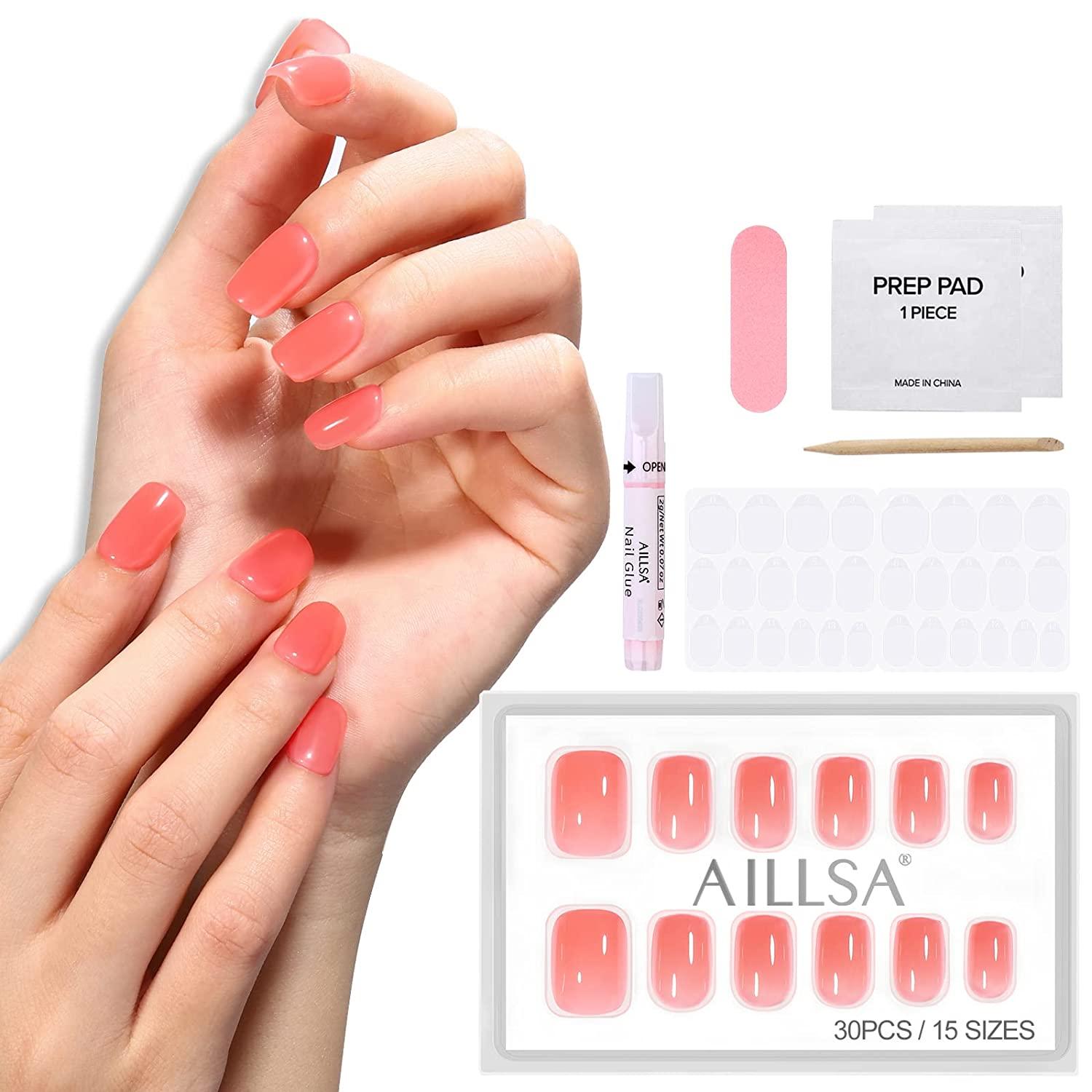 AILLSA Press On Nails - Short Glue On Fake Nails Set | 15 Sizes 37-Piece with Glue Grapefruit