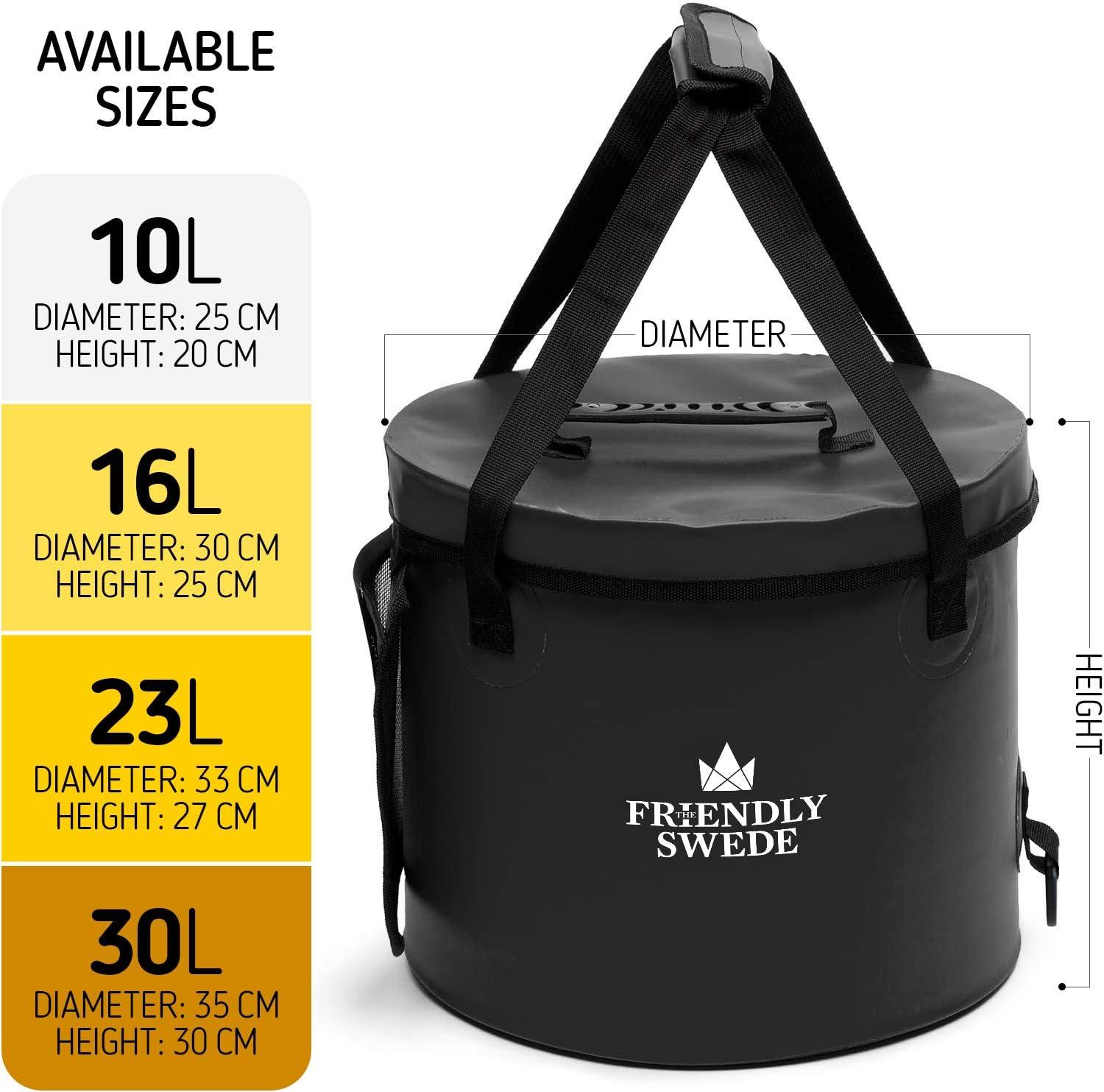 The Friendly Swede Collapsible Bucket with Lid, Folding Bucket for Camping,  Travel & Gardening, Portable Water Bucket w/a Handy Tool Mesh Pocket,  Collapsible Water Container, Camping Water Container Black 16L (4.23 gal)