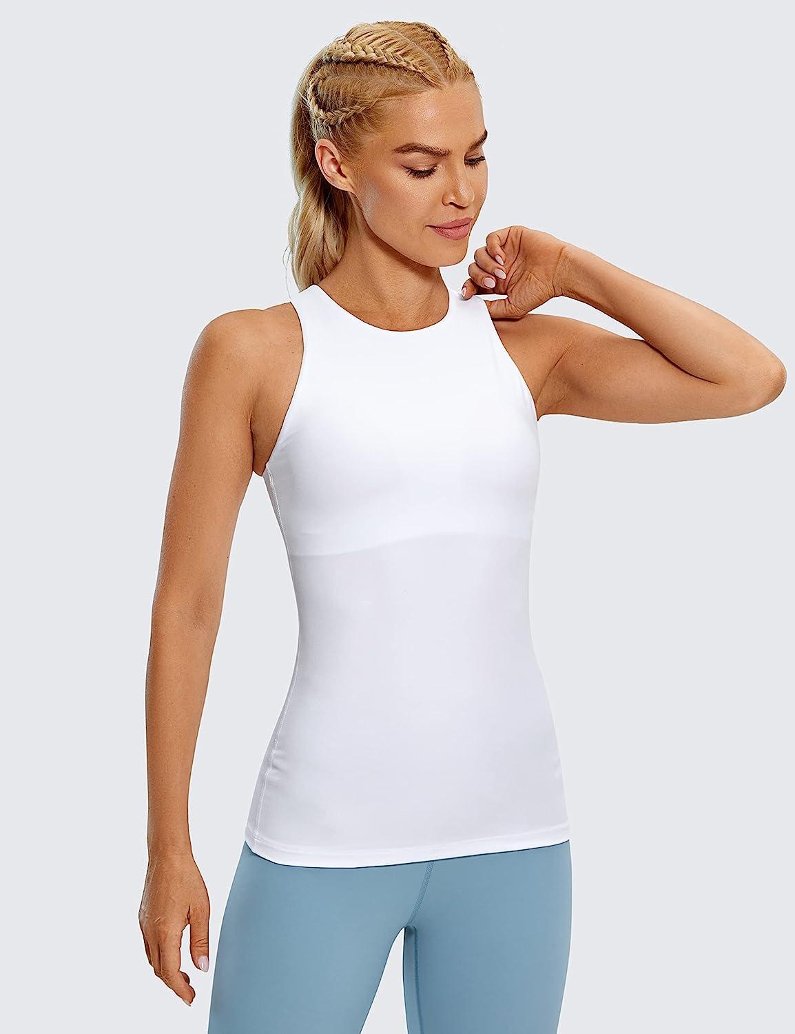 CRZ YOGA Womens High Neck Workout Tank Tops - with Built-in Shelf Bra  Racerback Athletic Sports Shirts Large White