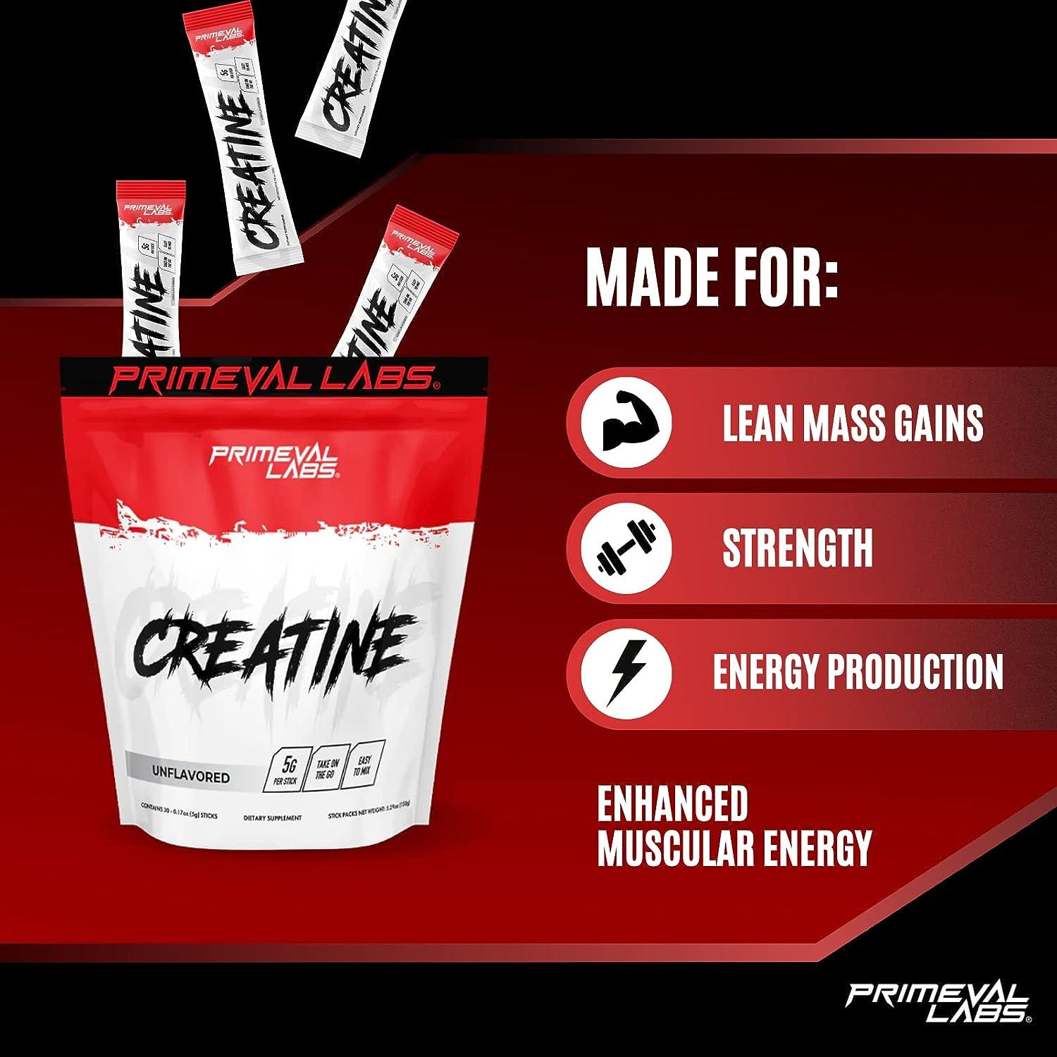 Primeval Labs Creatine Monohydrate Stick Packs Easy Open Packets Muscle Recovery + Builder